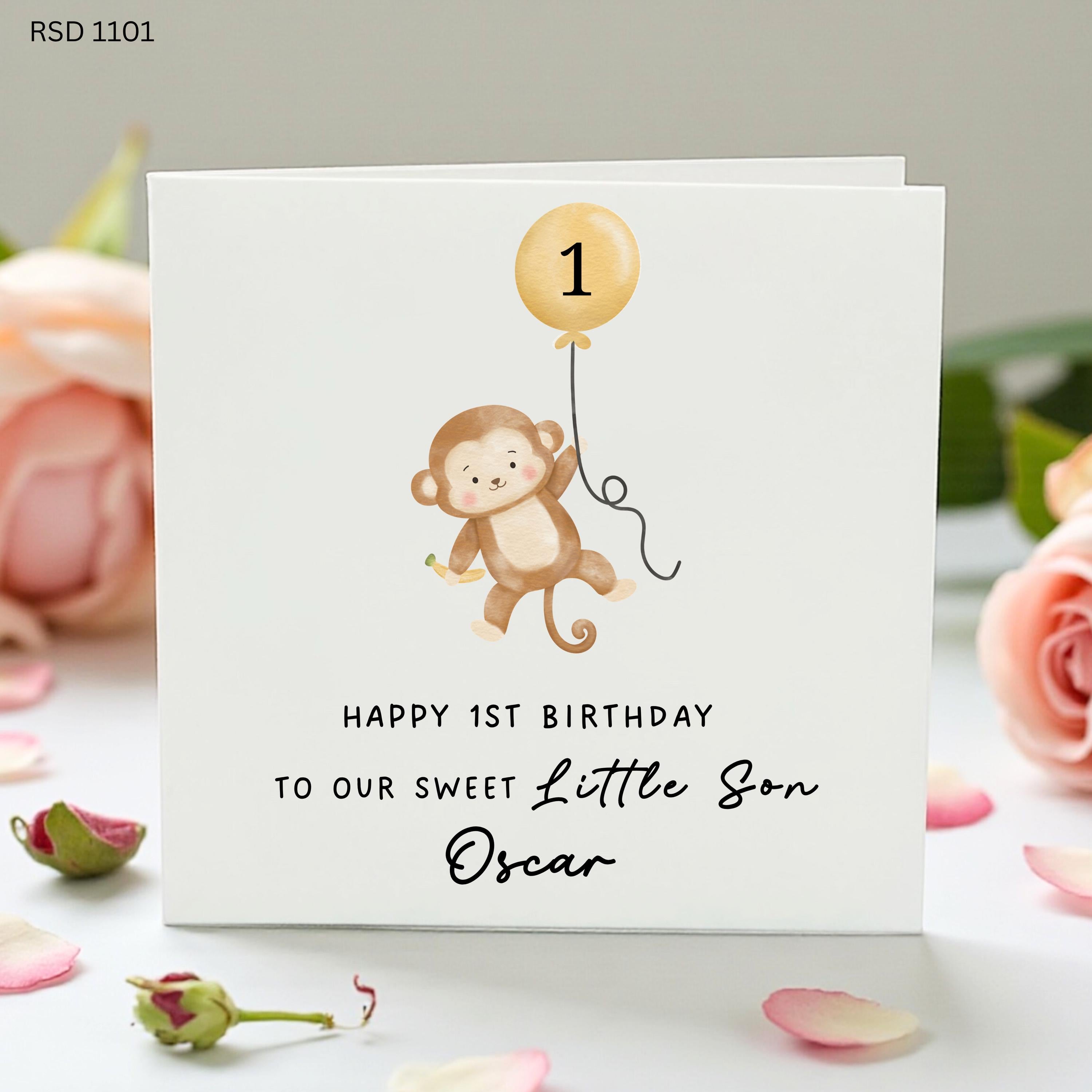 Personalised 1st Birthday Card For Son, Cute Monkey Balloon Card, Baby Boy First Birthday Card, Custom Name Birthday Card