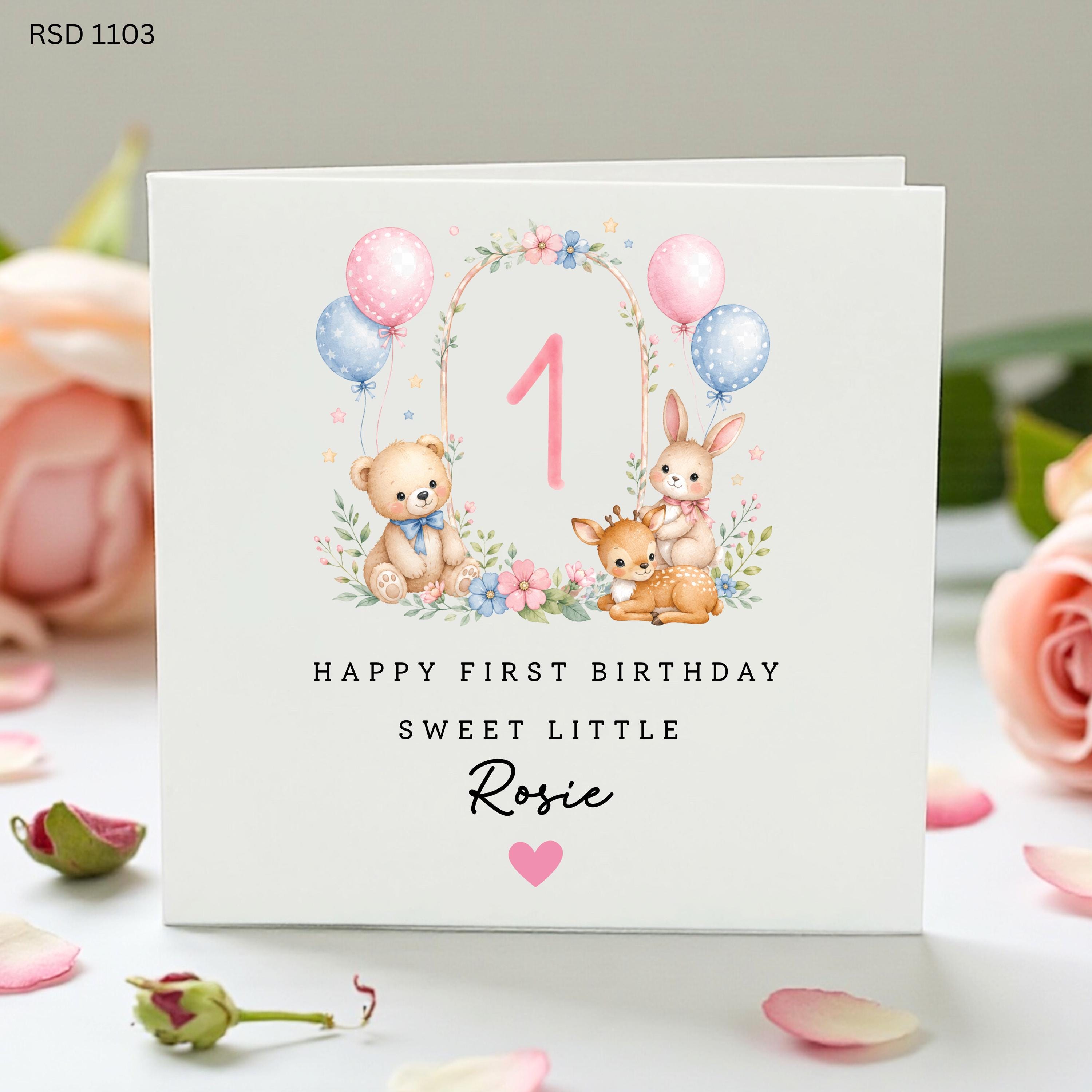 Personalised 1st Birthday Card, Cute Animal Birthday Card, Floral Bear Bunny Deer Card, Custom Baby Girl First Birthday Card
