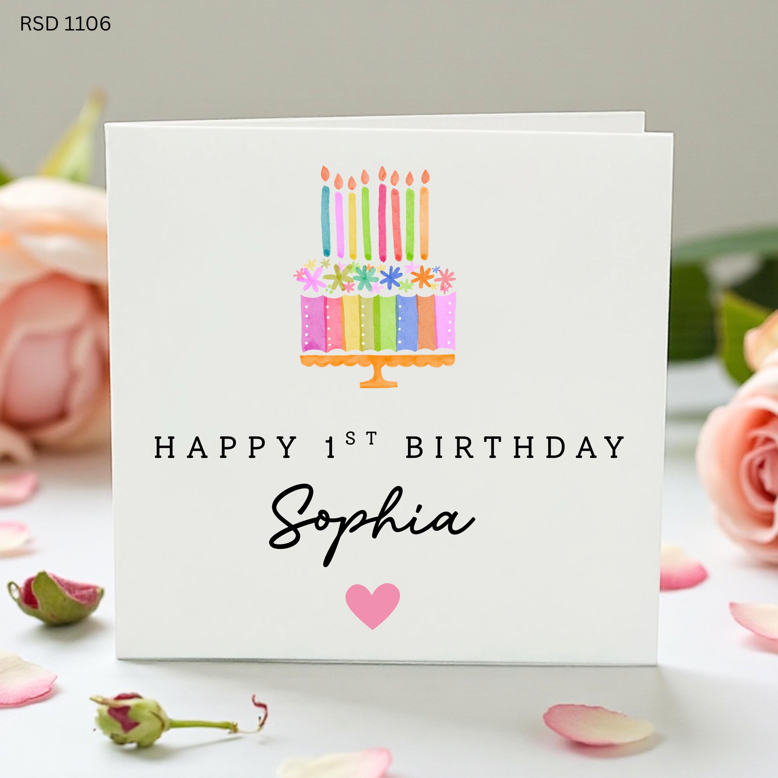 Personalised 1st Birthday Card For Girl, Colourful Birthday Cake Card, Baby Girl First Birthday Card, Custom Name Card