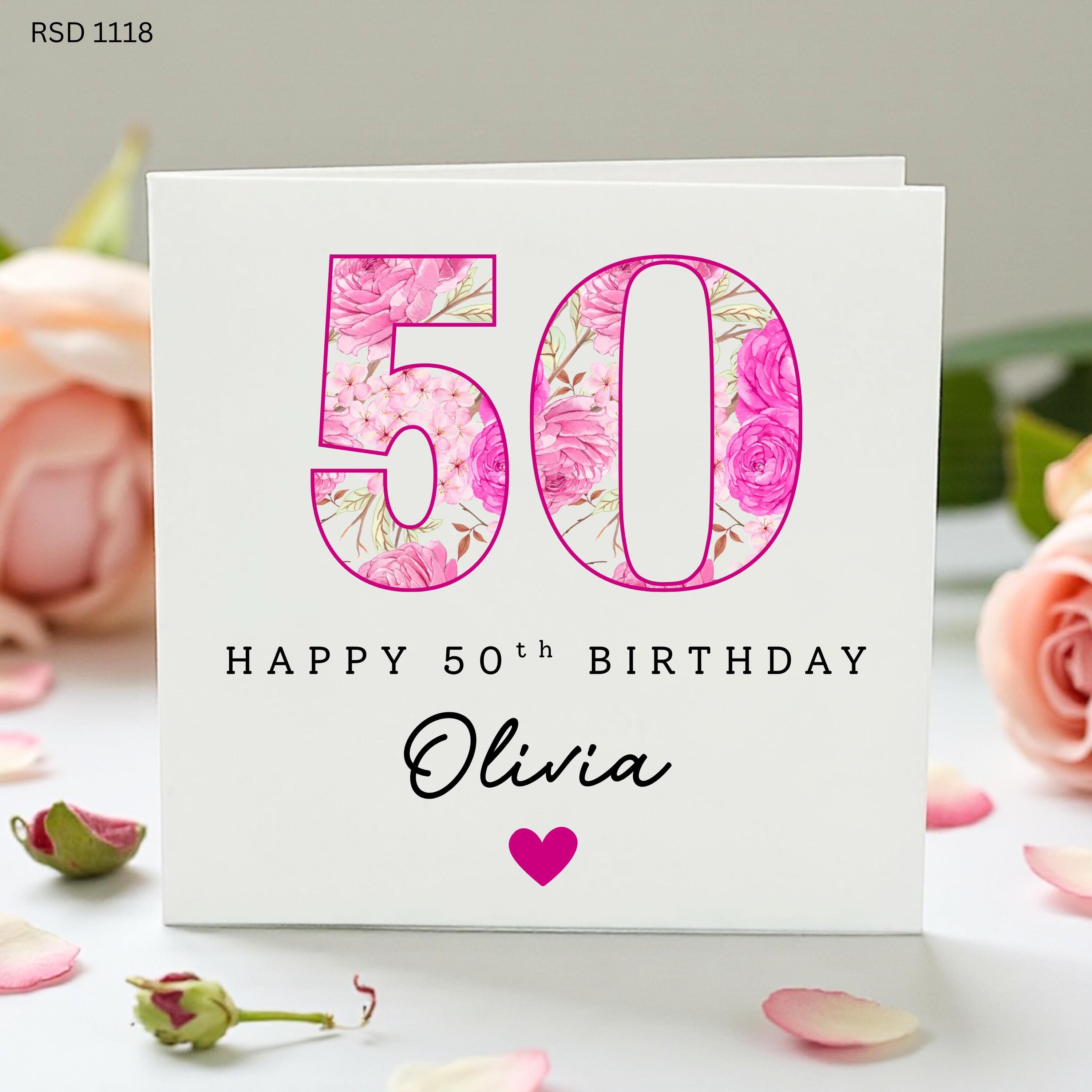 Personalised 50th Birthday Card, Pink Floral 50 Card for Her, Custom Name Milestone Birthday Card, Female 50th Birthday Card