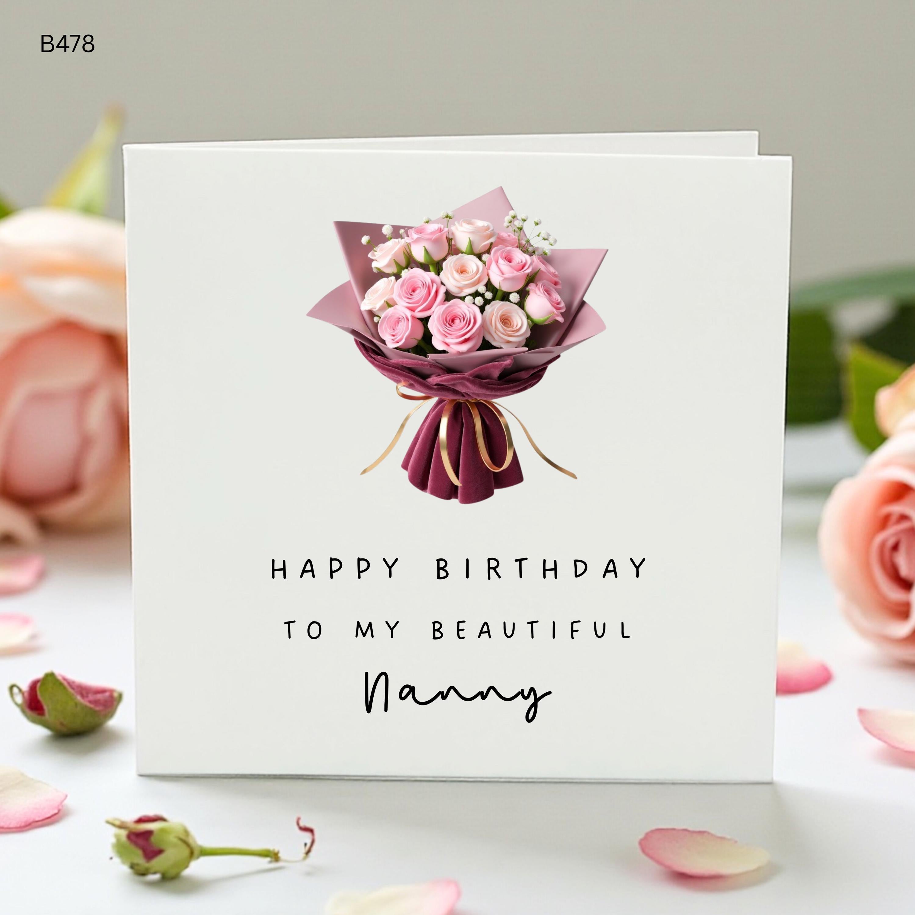Personalised Nanny Birthday Card, Beautiful Nanny Floral Bouquet Card, Pink Rose Birthday Card for Nan Grandma, Custom Name Card