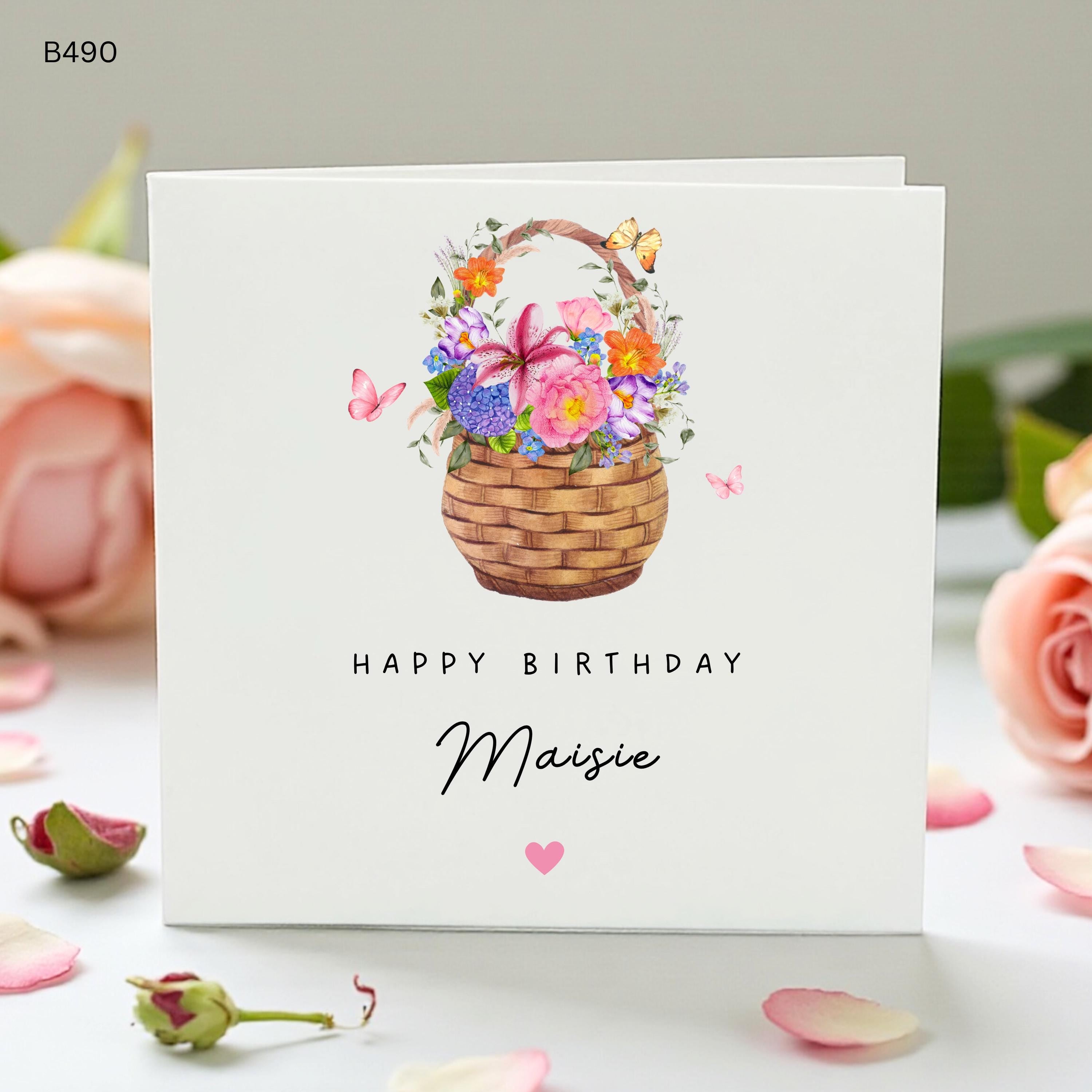 Personalised Birthday Card For Her, Maisie Birthday Card, Floral Basket Card, Watercolour Flowers Butterfly Card For Daughter Niece