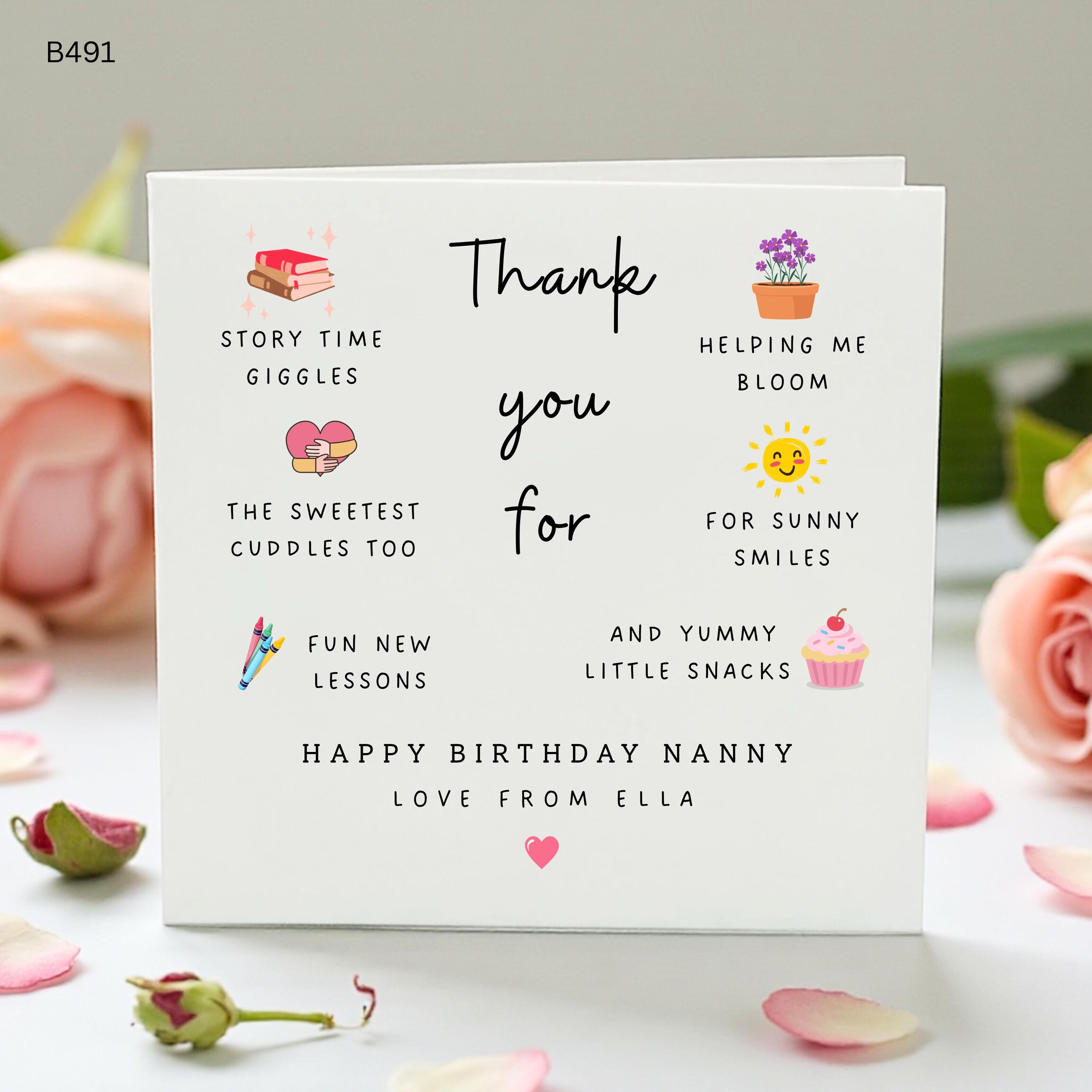 Thank You Nanny Birthday Card, Personalised Nanny Card From Grandchild, Cute Nana Nan Birthday Gift With Thank You Message