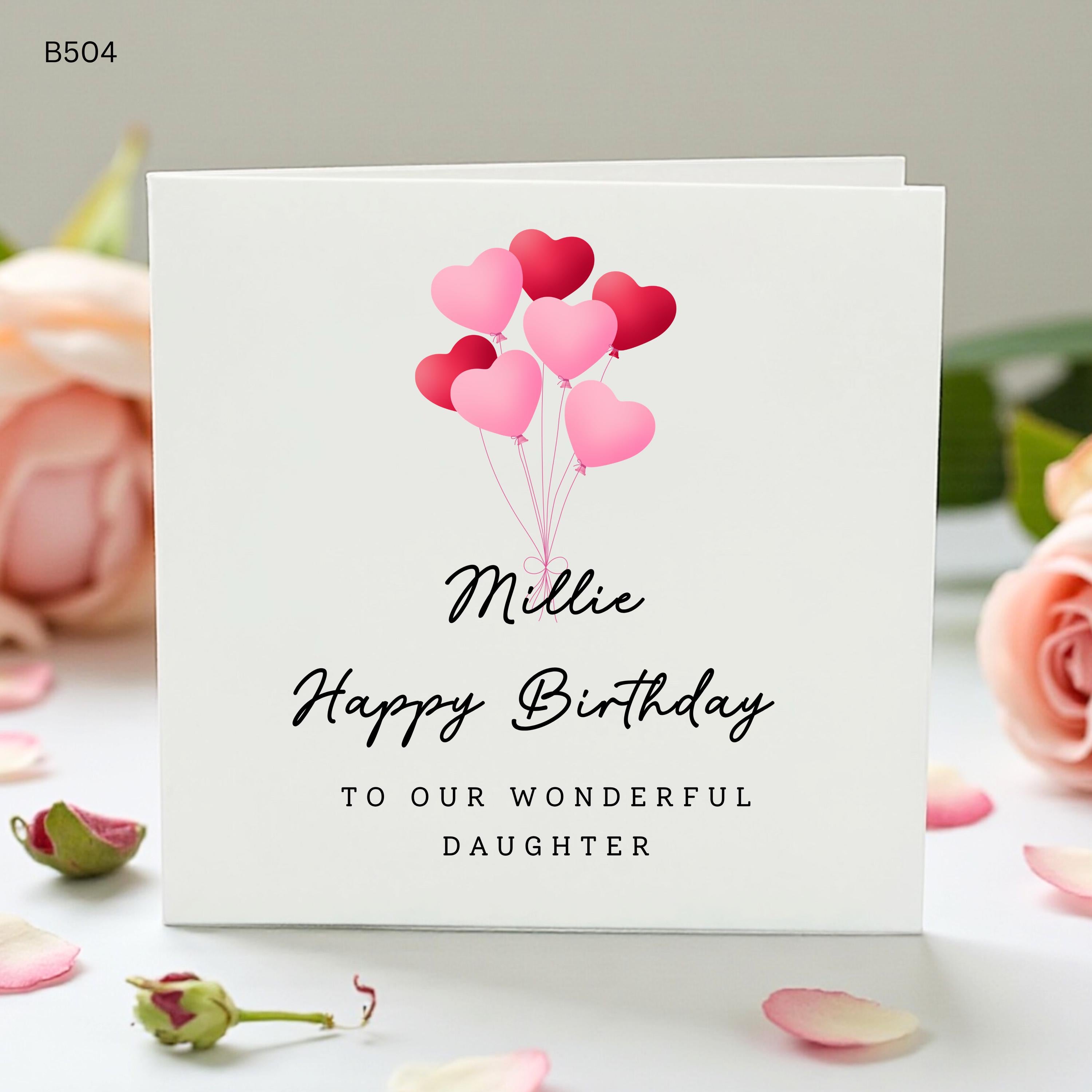 Personalised Daughter Birthday Card, Pink Heart Balloon Card, Custom Name Birthday Card for Daughter, Wonderful Daughter Card