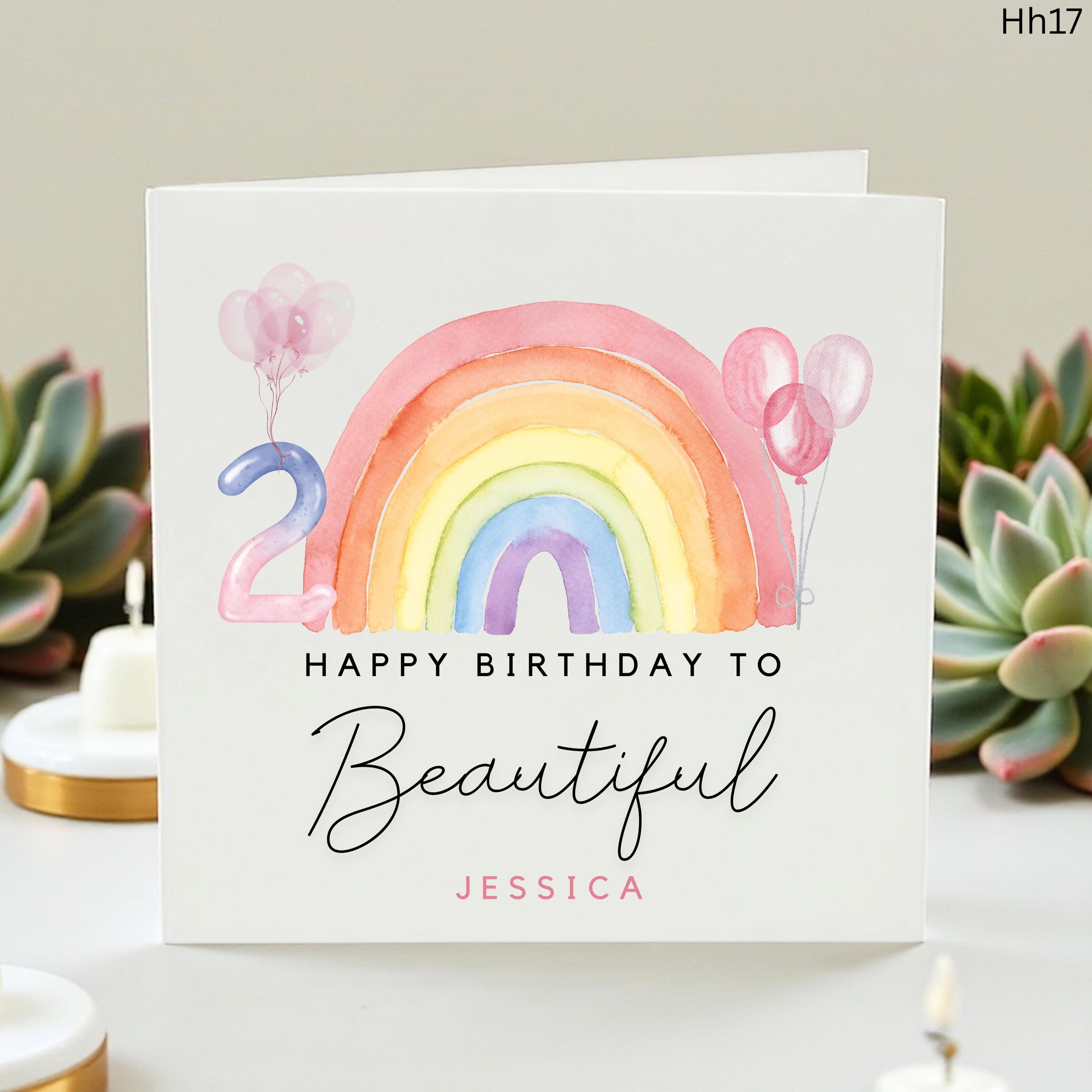 Personalized 2nd Birthday Card for Girl, Watercolor Rainbow Birthday Card with Balloons, Custom Name Second Birthday Card, Beautiful Jessica