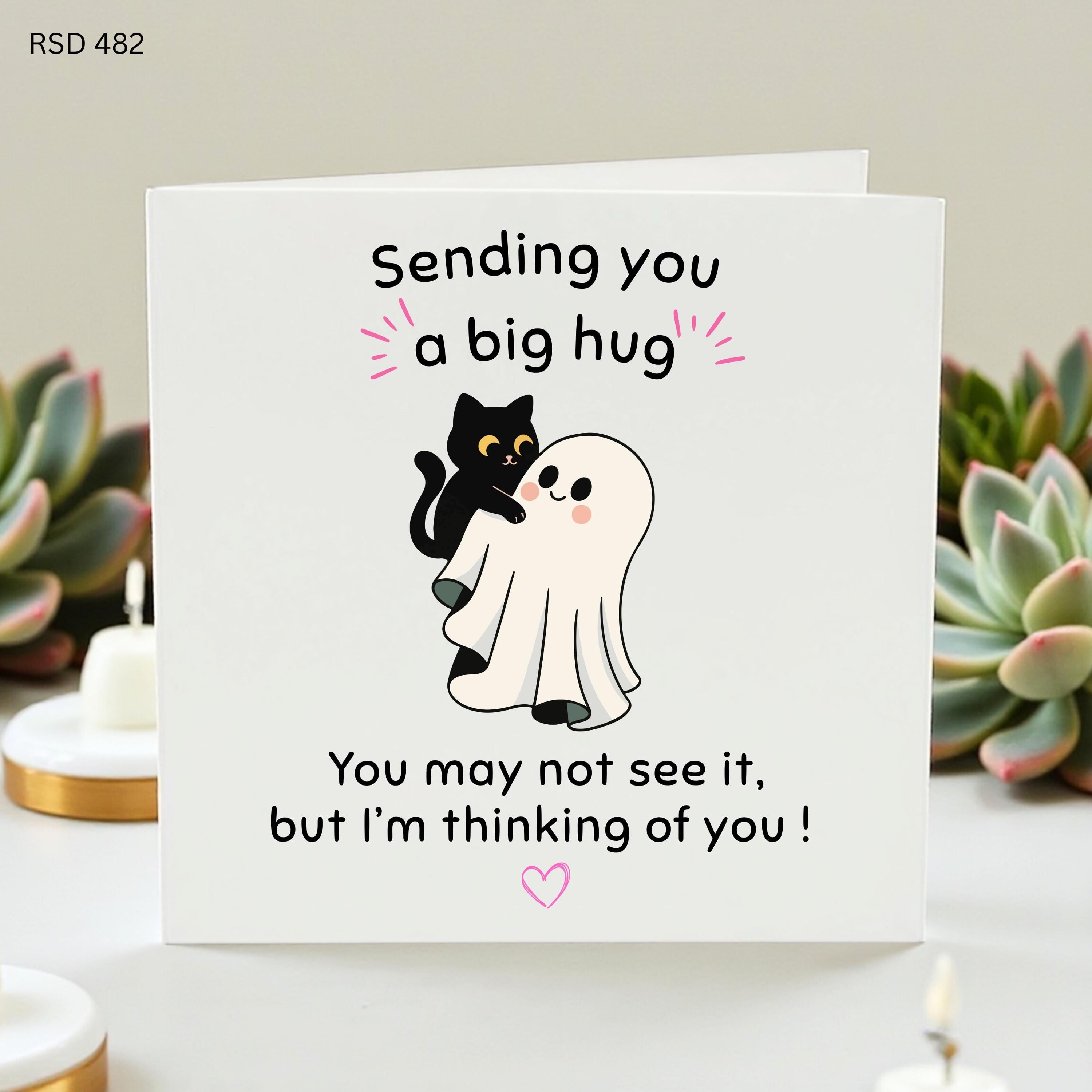 Cute Ghost and Black Cat Hug Greeting Card, Funny Thinking of You Support Card, Sweet Encouragement Gift for Friend, Sending You a Big Hug