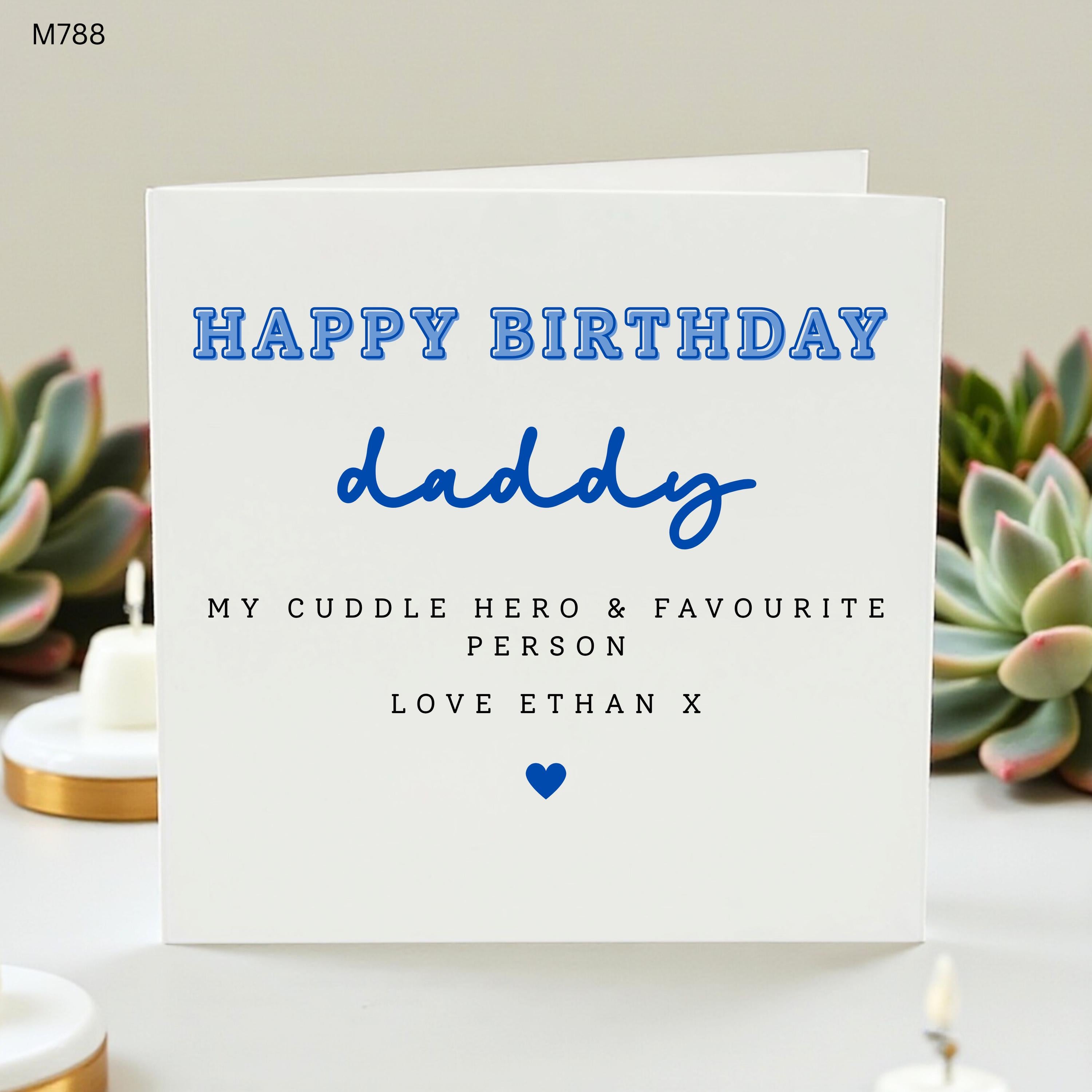 Personalised Daddy Birthday Card, Cute Dad Birthday Card from Son, My Cuddle Hero Favourite Person, Blue Heart Card Gift