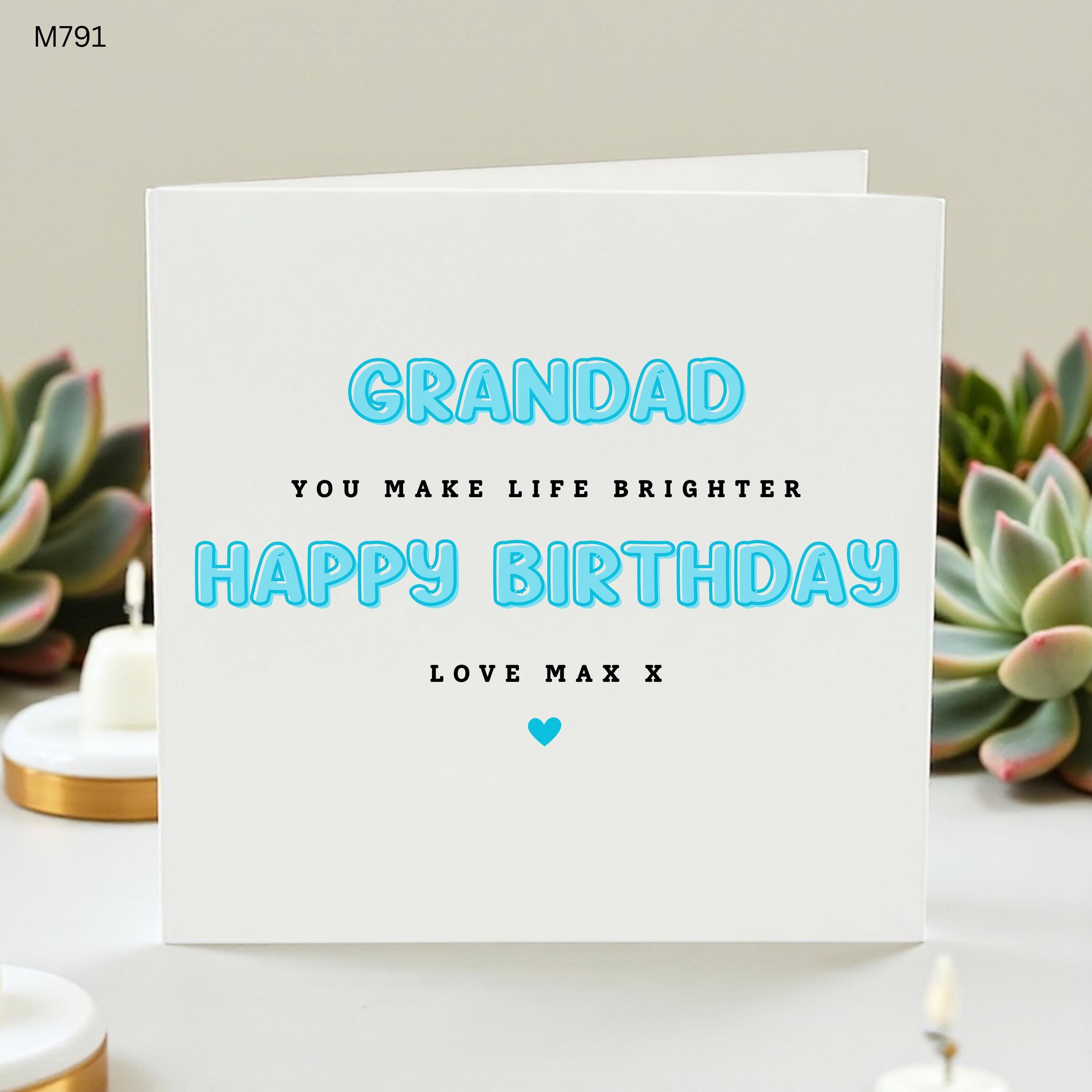 Personalised Grandad Birthday Card, Blue Minimalist Grandpa Card, You Make Life Brighter, Cute Birthday Card from Grandson Grandkids