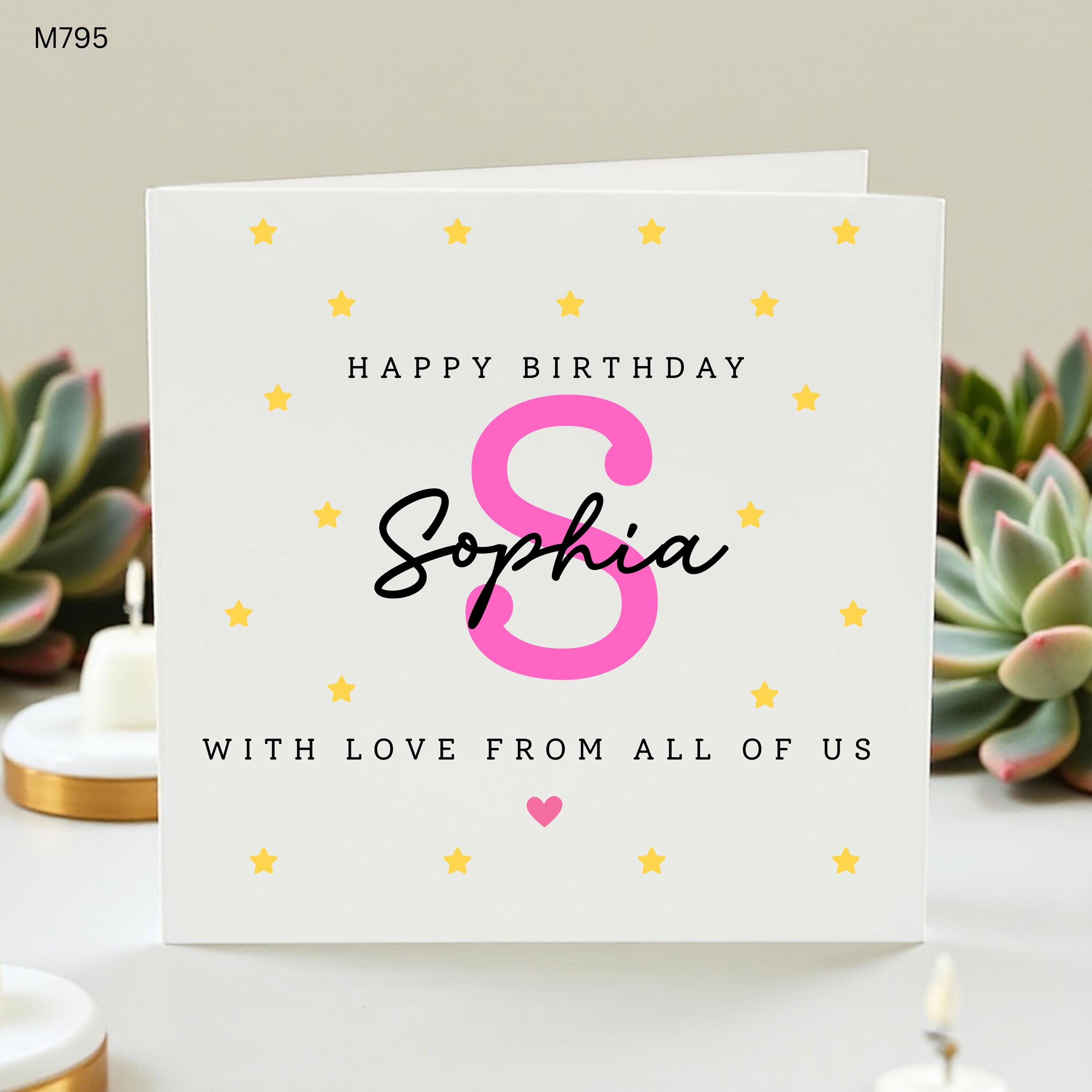 Personalised Girl Birthday Card, Pink Initial Monogram Card, Daughter Granddaughter Niece Birthday Gift From All Of Us