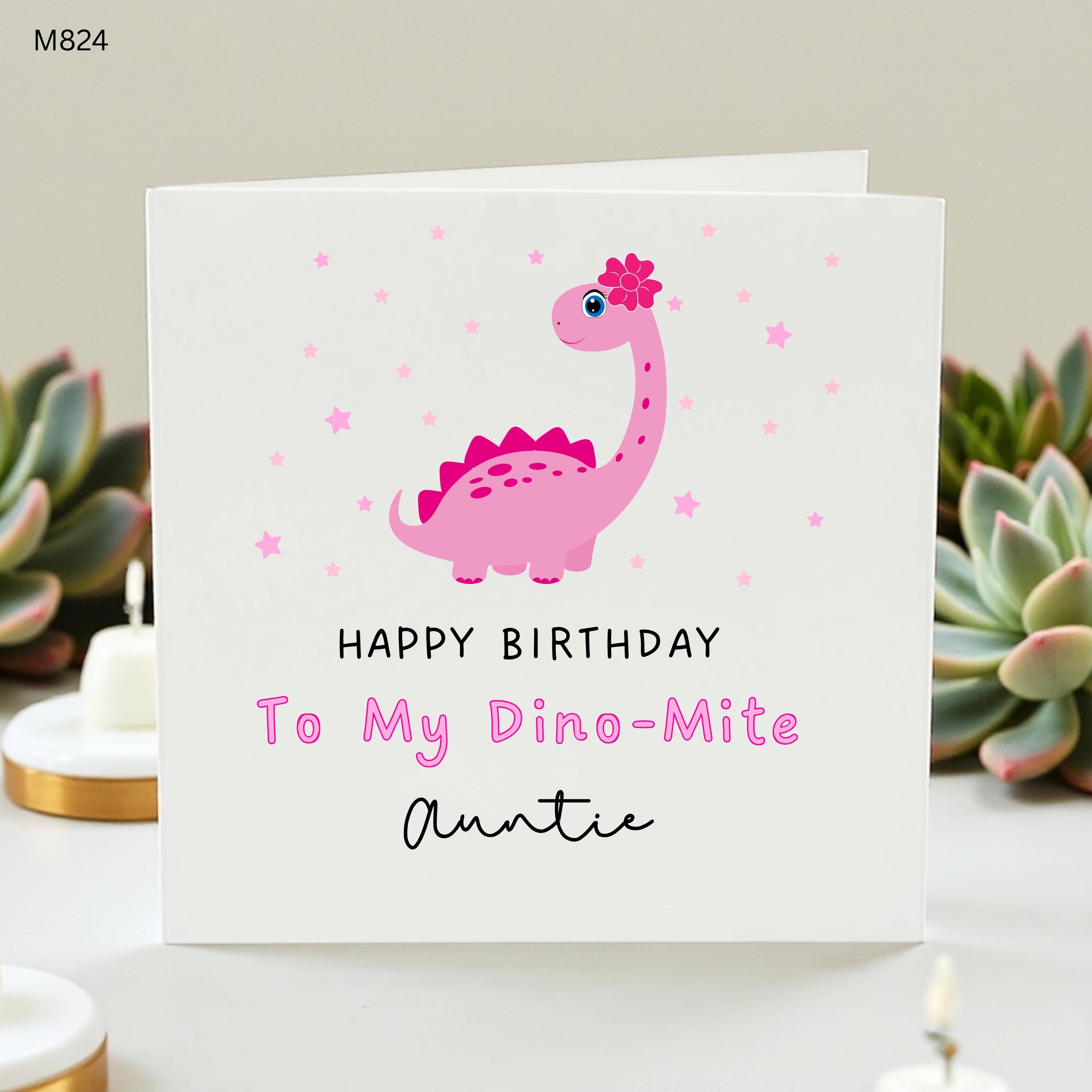 Personalised Auntie Birthday Card, Cute Pink Dinosaur Card, Dino Mite Auntie Card, Funny Birthday Card From Niece Nephew