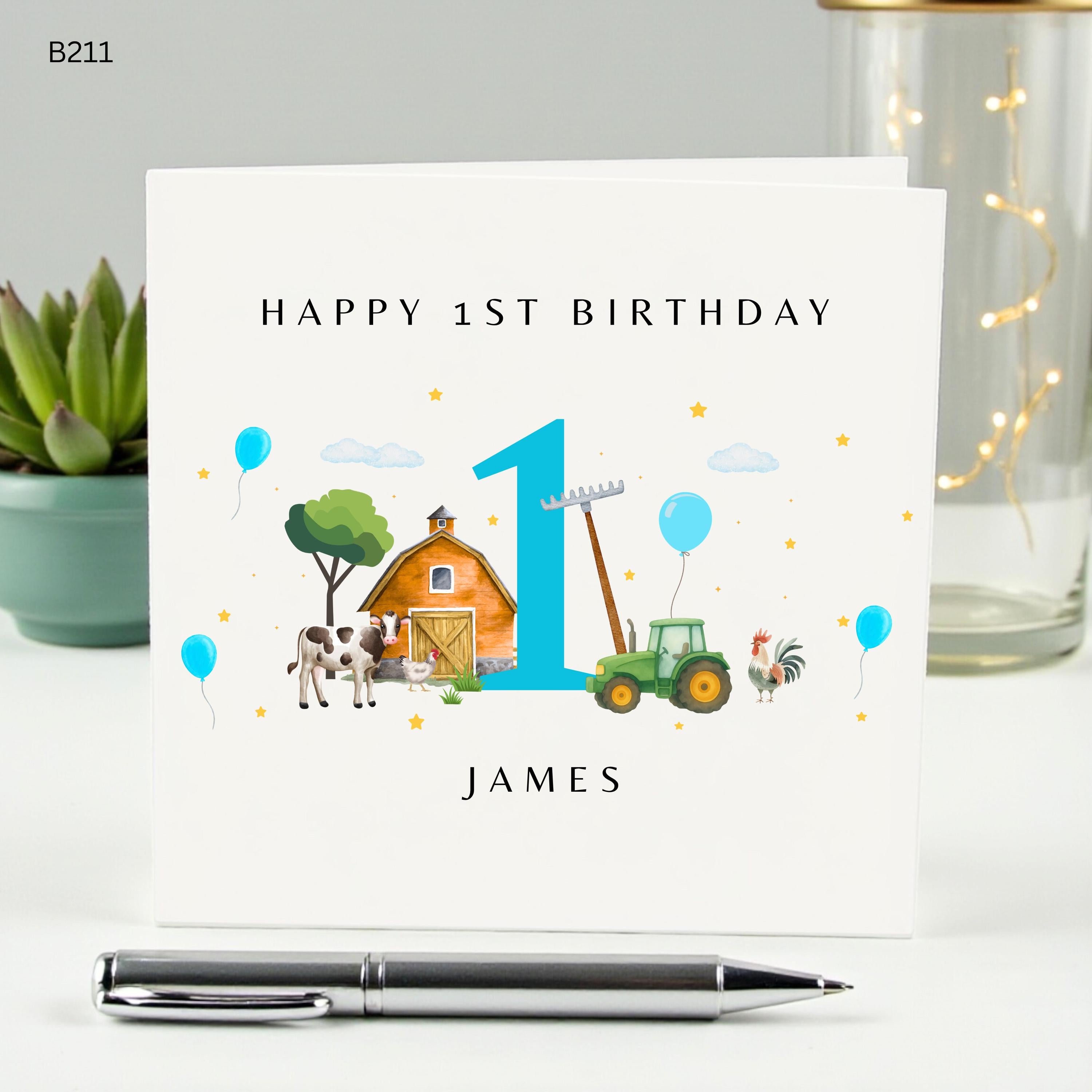 Personalized 1st Birthday Card Farm Theme, First Birthday Gift for Boy, Custom Name Tractor Card for Son Grandson, Farmyard Animals Card
