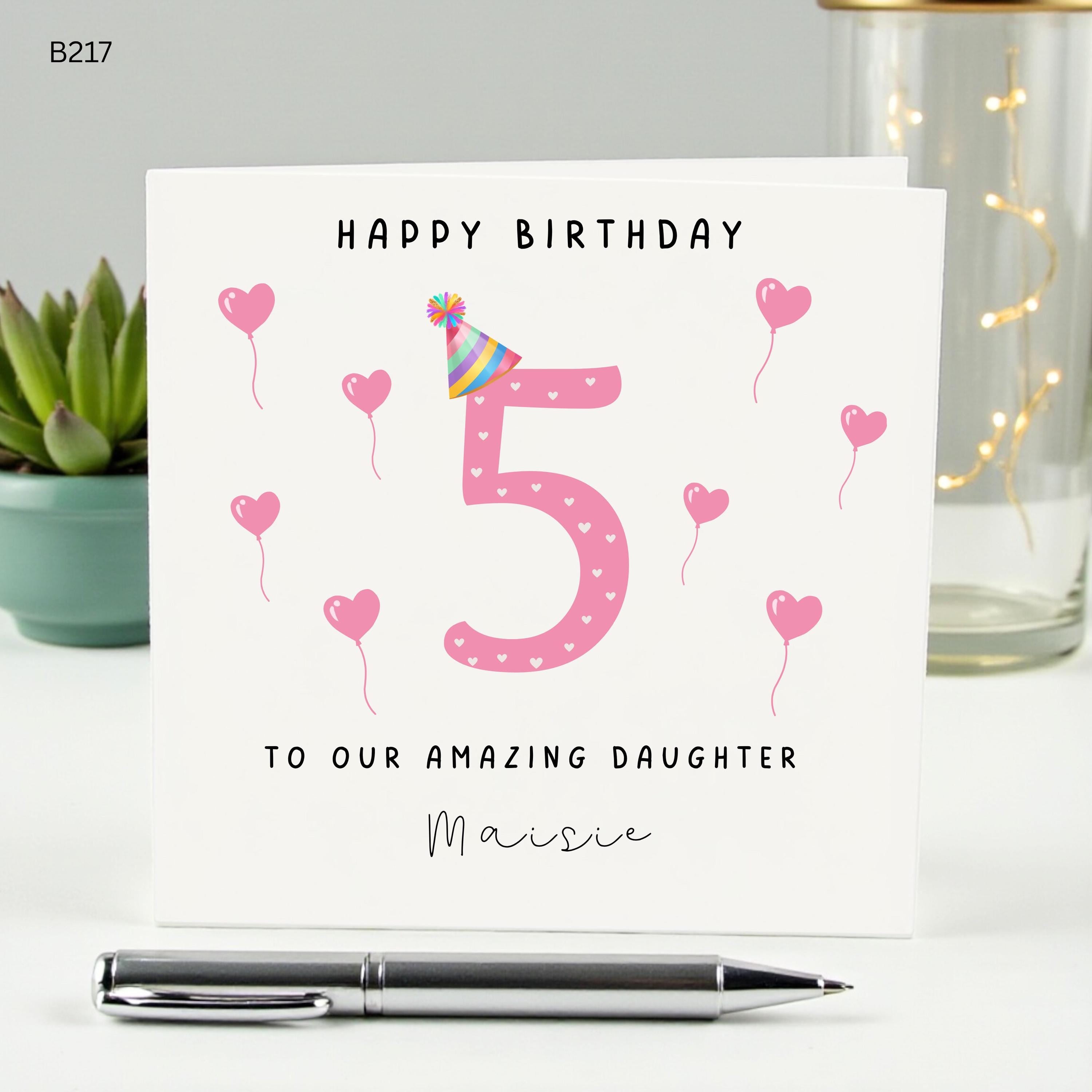 Personalized 5th Birthday Card for Daughter, Custom Name Age 5 Card for Girls, Pink Heart Balloon Birthday Gift, Amazing Daughter Card