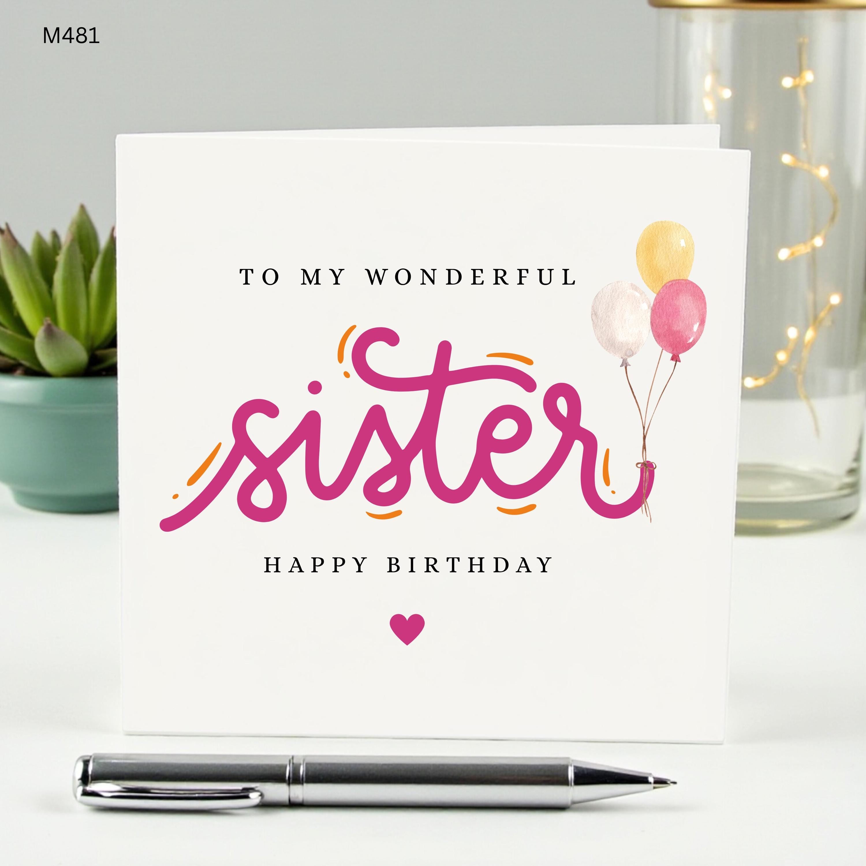 To My Wonderful Sister Birthday Card, Happy Birthday Sister Card with Pink Balloons and Heart, Cute Greeting Card for Her, Special Sister