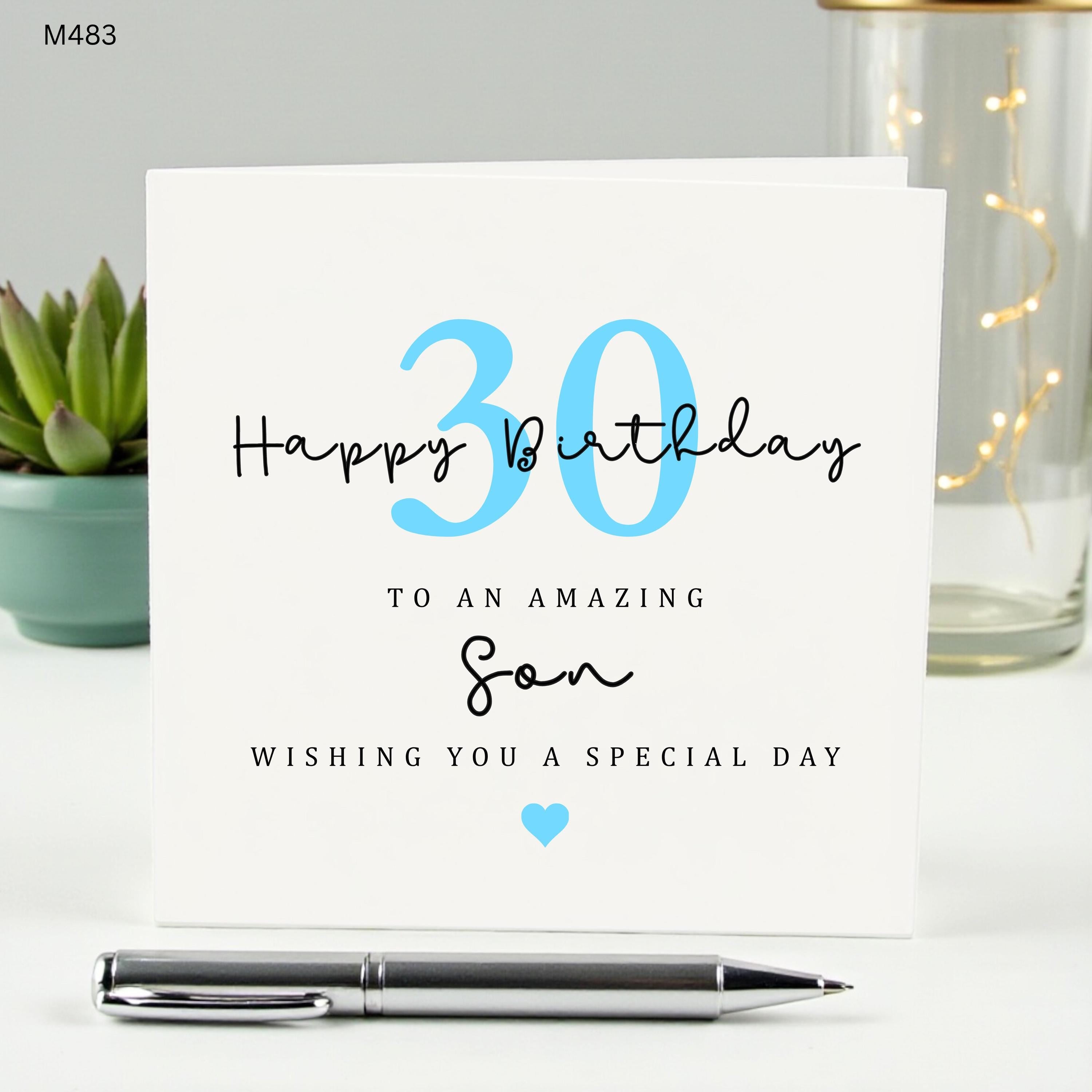 30th Birthday Card for Son, Happy 30th Birthday to an Amazing Son Thirty Milestone Card for Him, Simple Blue Heart Greeting Card Special Day
