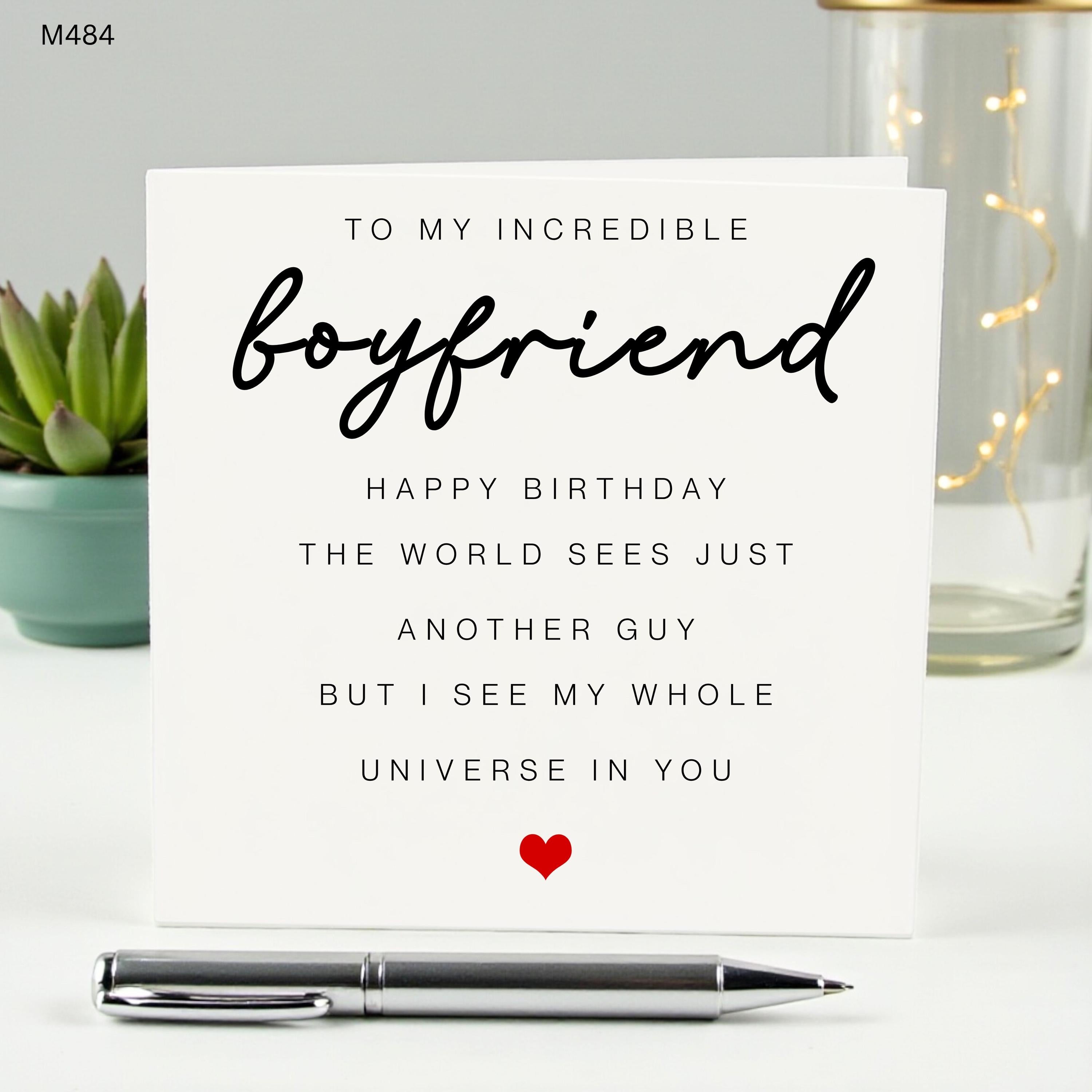 To My Incredible Boyfriend Birthday Card, Romantic Card for Him, Whole Universe Sentiment, Minimalist Birthday Gift for Boyfriend, Red Heart