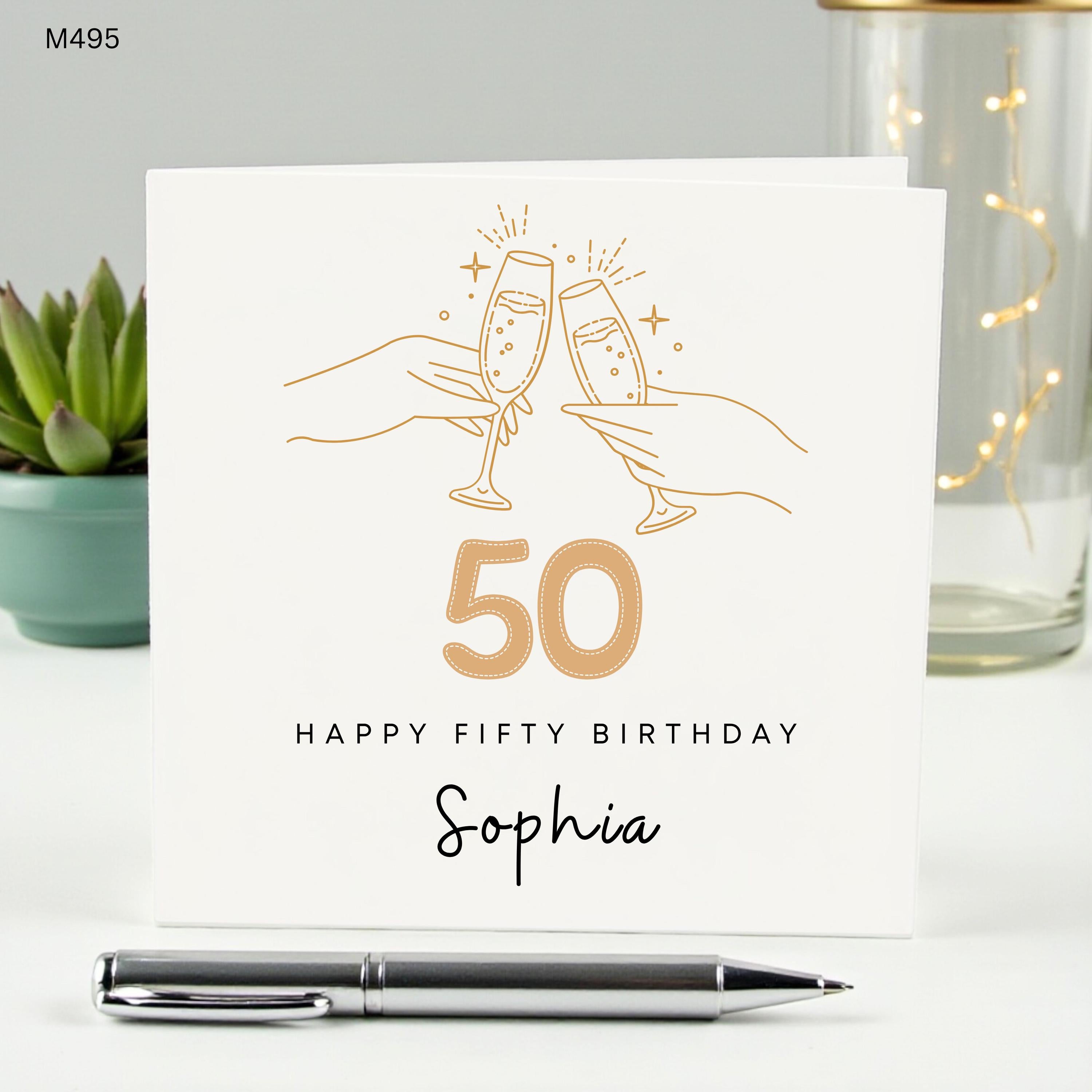 Personalized 50th Birthday Card for Sophia, Elegant Gold Champagne Toast Card, Custom Name Fifty Birthday Gift, Minimalist Card for Her