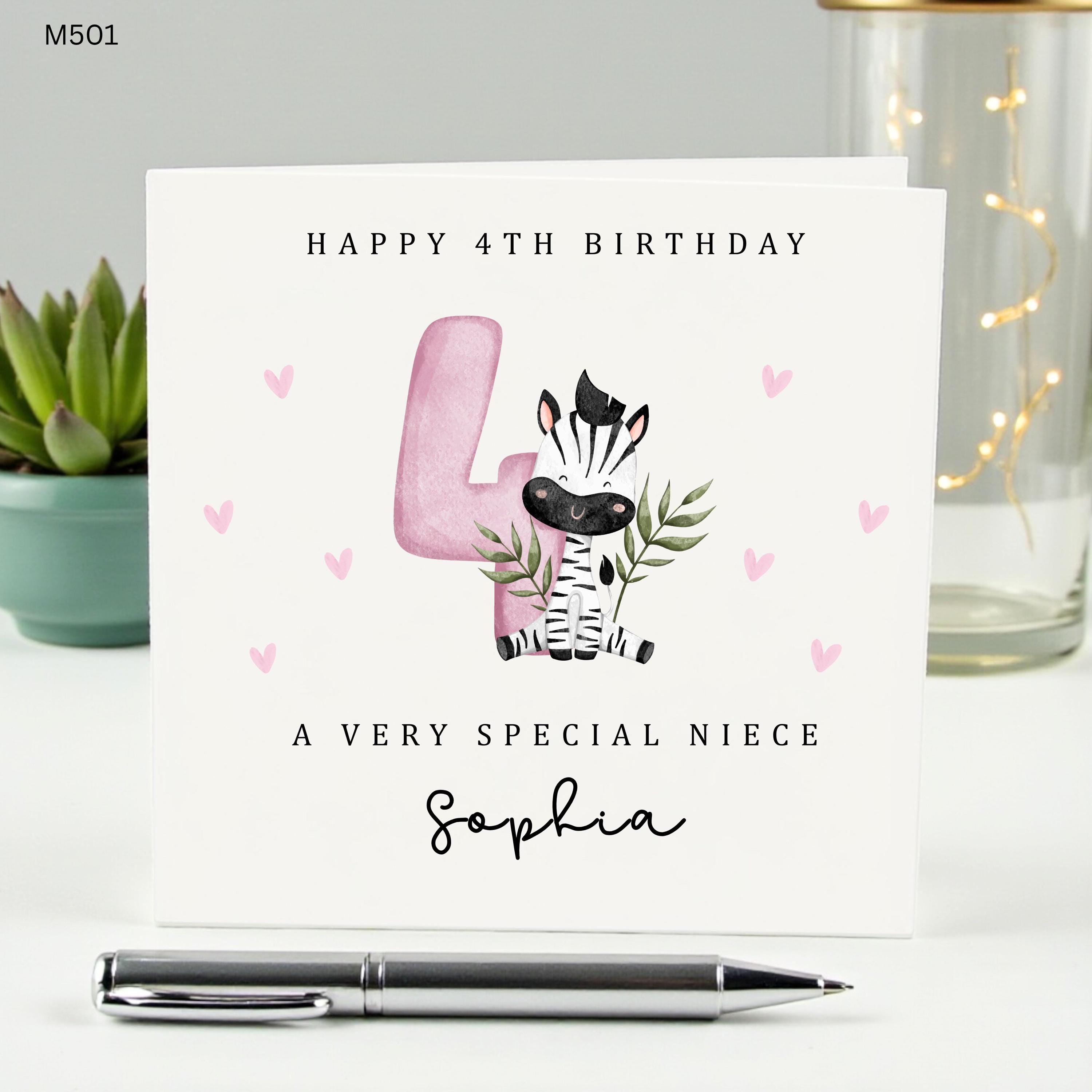 Personalized 4th Birthday Card for Niece, Happy Fourth Birthday Sophia, Cute Watercolor Zebra Card for Girls, Custom Name Age 4, Pink Hearts