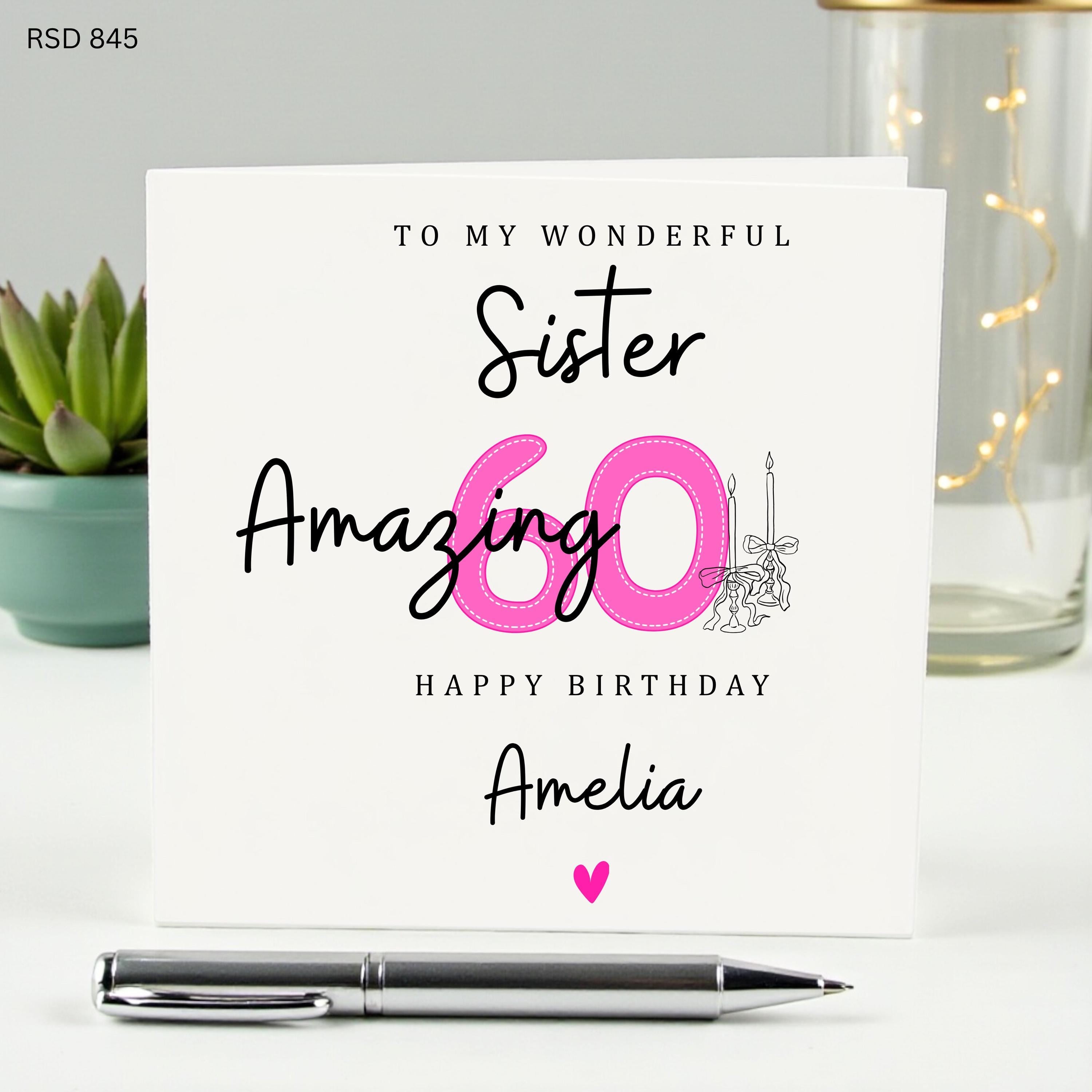 Personalized 60th Birthday Card for Sister - Amazing Sixty Birthday Card with Custom Name Amelia - Pink 60th Birthday Gift for Her