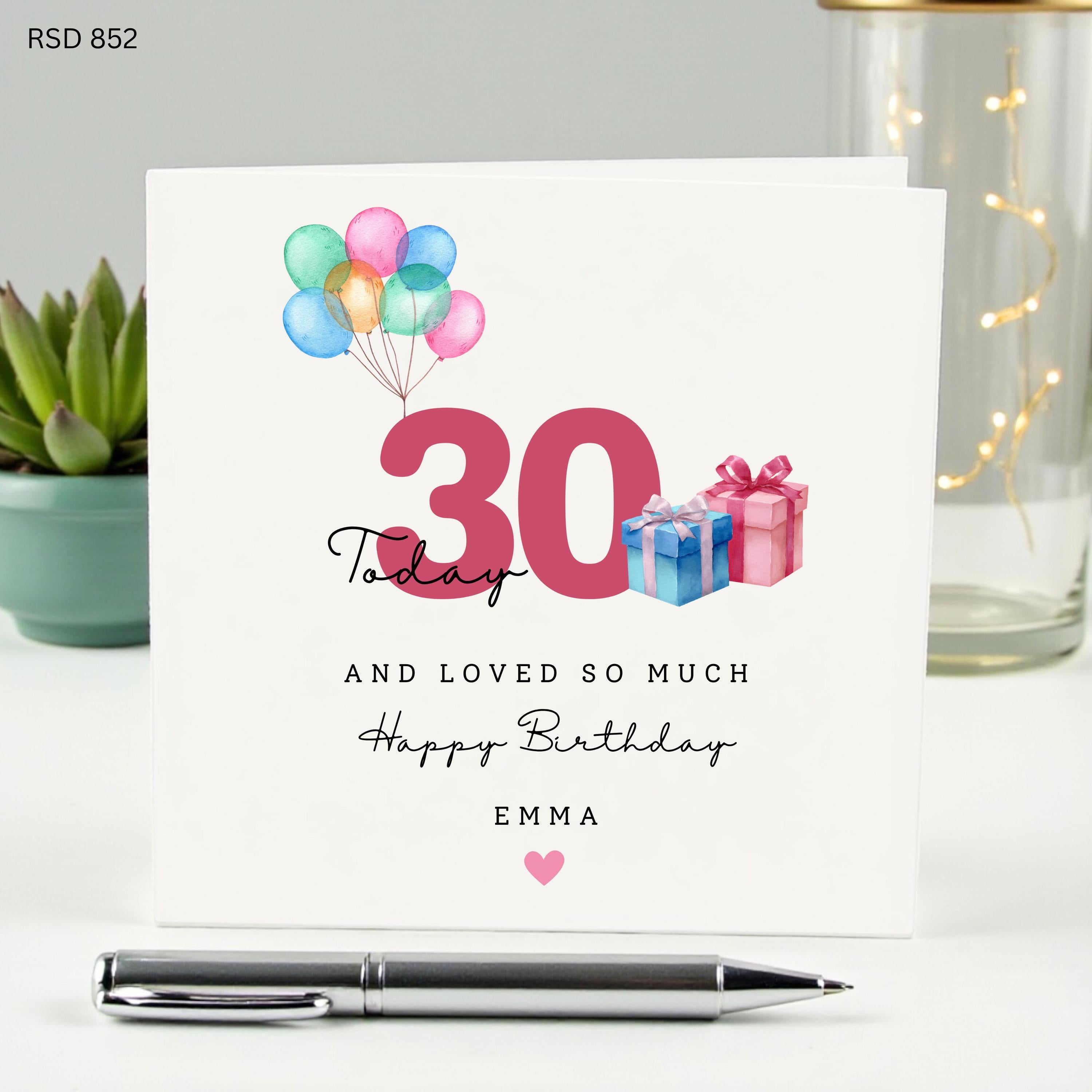 Personalized 30th Birthday Card for Her, Emma 30 Today Birthday Card, Watercolor Balloons & Gifts Milestone Card for Daughter Sister Friend