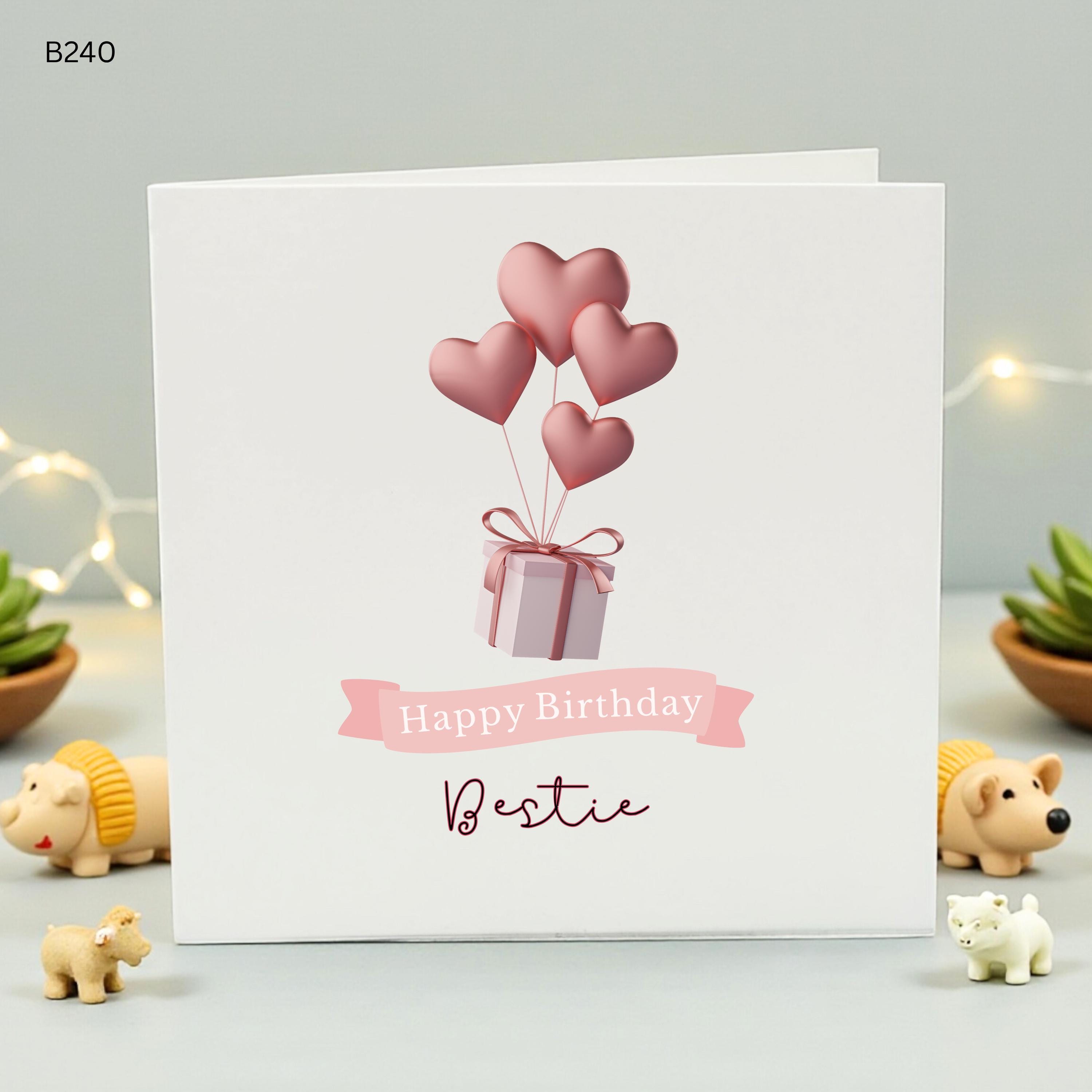 Happy Birthday Bestie Card, Best Friend Birthday Card with Pink Heart Balloons and Gift Box, Cute Greeting Card for Her, BFF Birthday Gift