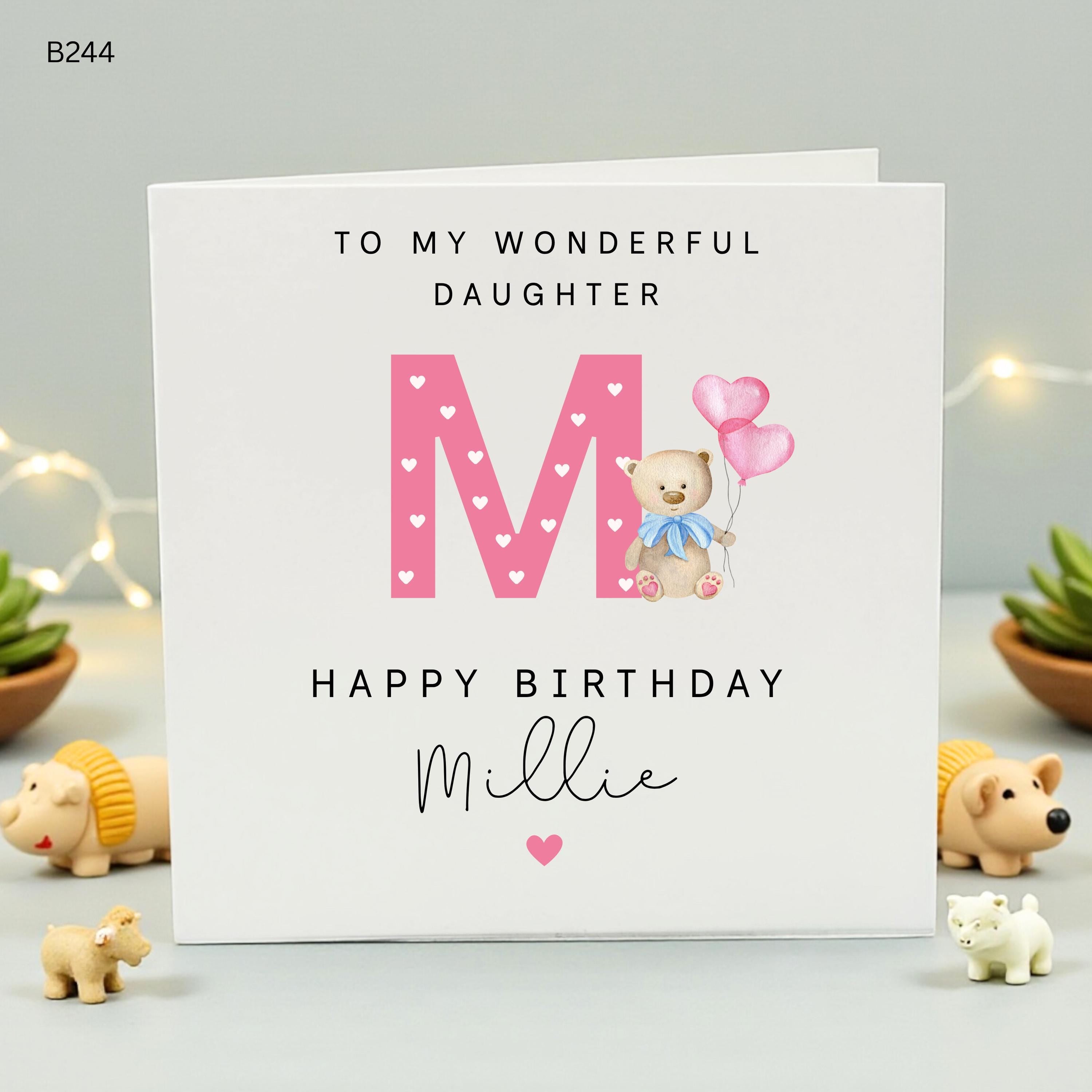 Personalised Daughter Birthday Card, Pink Initial Teddy Bear Card for Girls, Custom Name Greeting Card, To My Wonderful Daughter Gift
