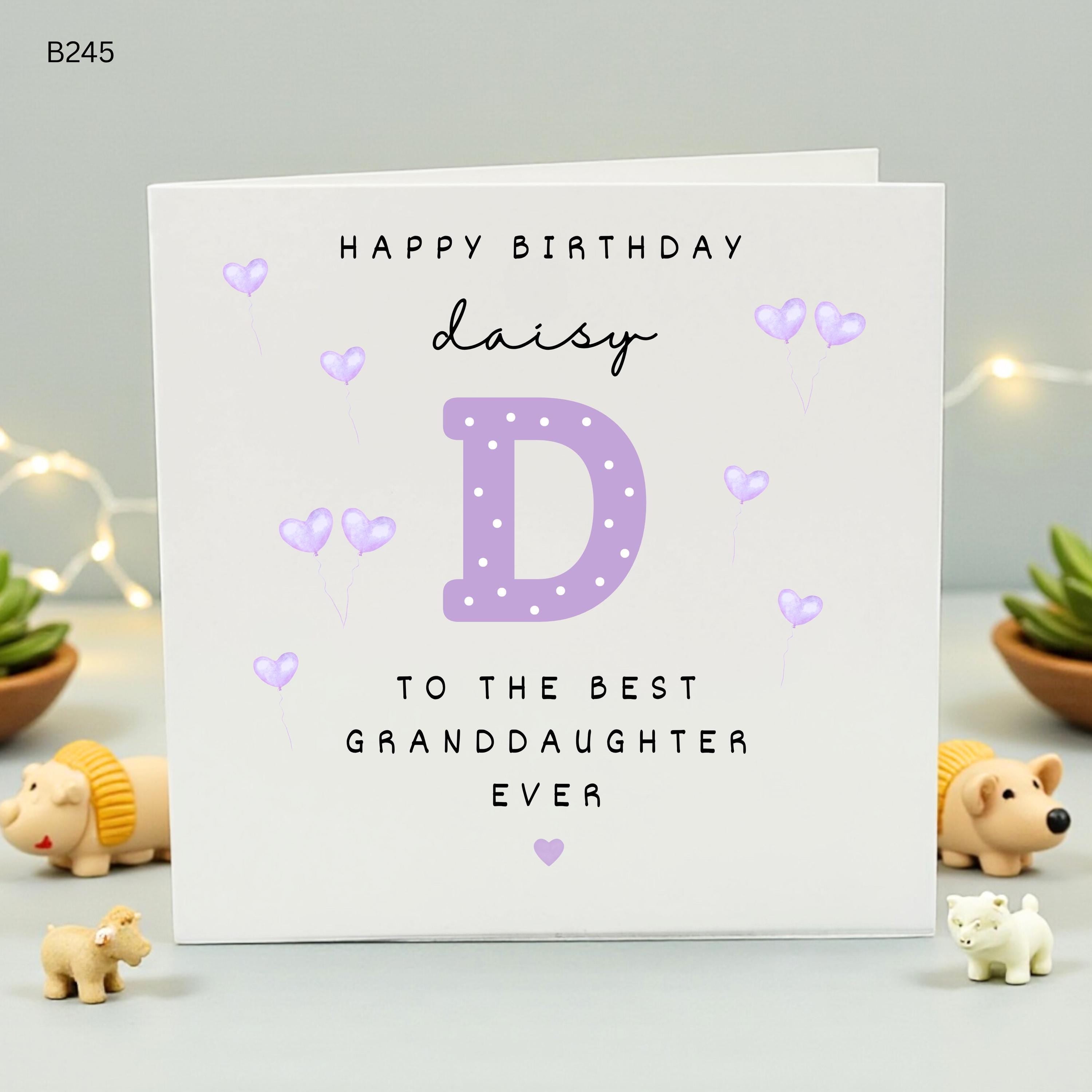 Personalised Granddaughter Birthday Card, Purple Initial Card with Custom Name, To The Best Granddaughter Ever, Cute Purple Heart Balloons