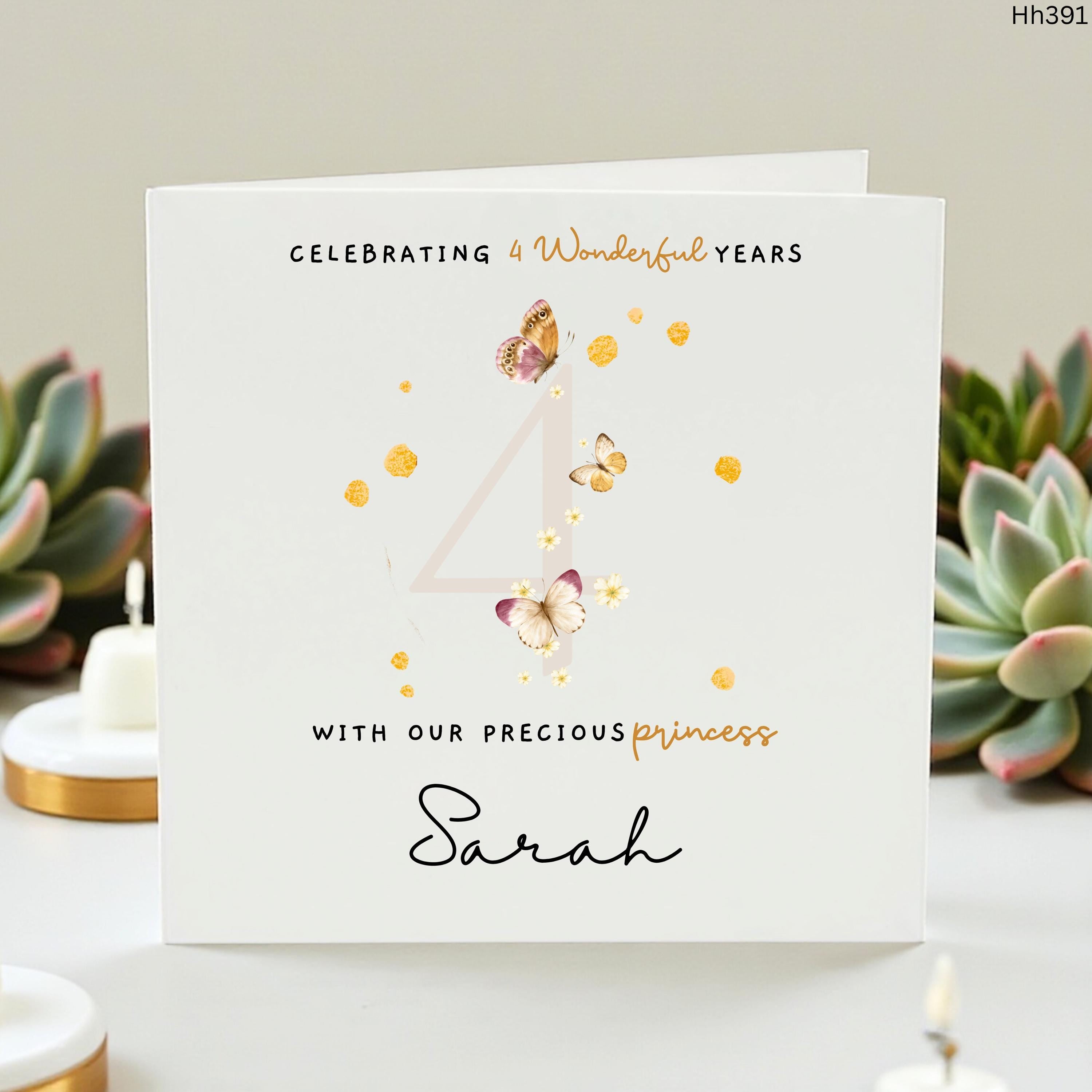 4th Birthday Princess Card, Personalised Girl Birthday Card, Butterfly Age 4 Card, Custom Name Birthday Gift For Daughter