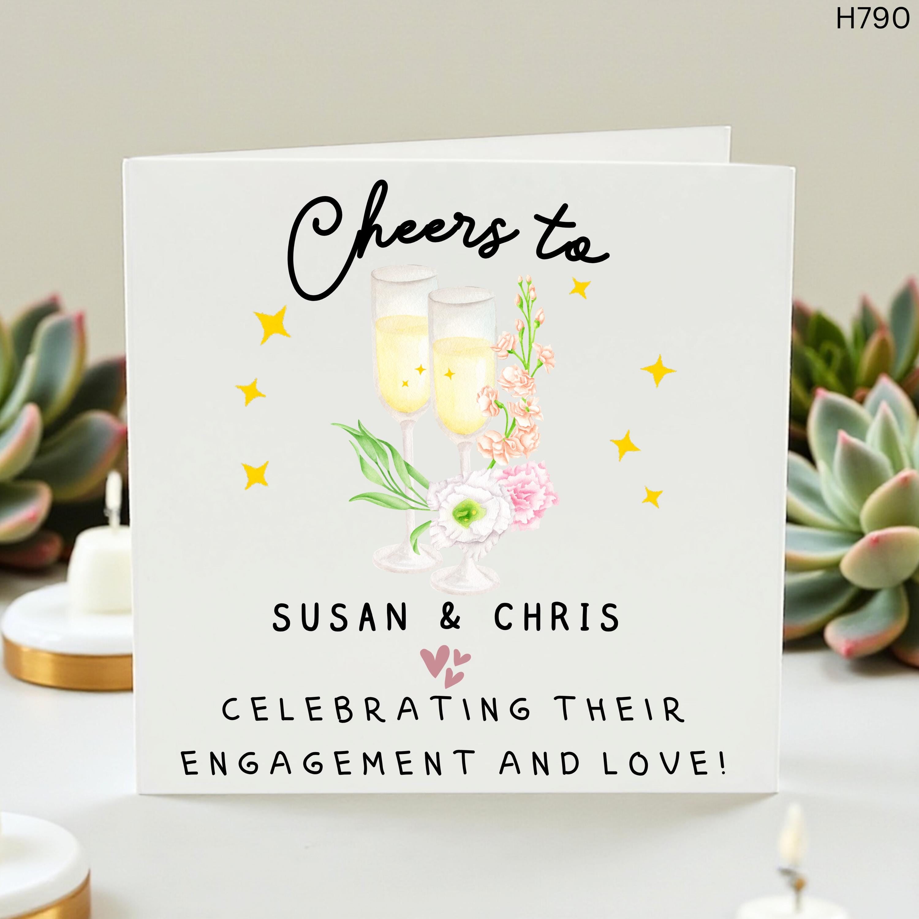 Personalised Engagement Congratulations Card, Custom Couple Names Card, Champagne Floral Cheers Card, Engagement Party Gift
