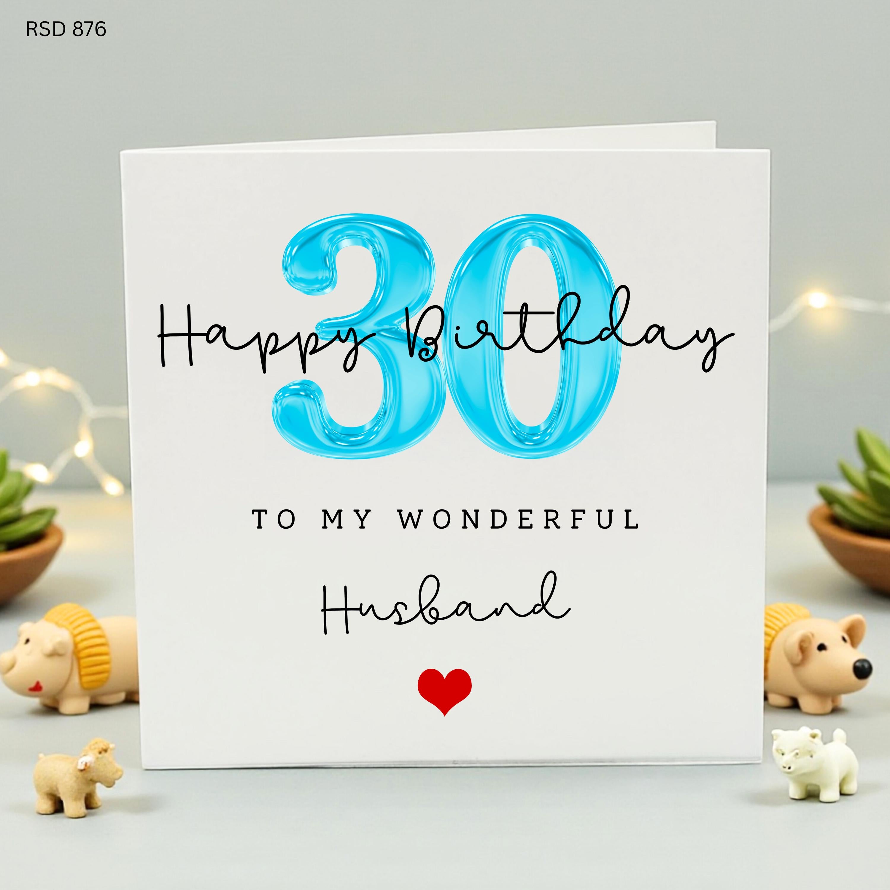 Happy 30th Birthday Husband Card, Thirtieth Birthday Gift for Him, Wonderful Husband 30 Birthday Card, Blue Balloon Effect Card, Age 30 Card