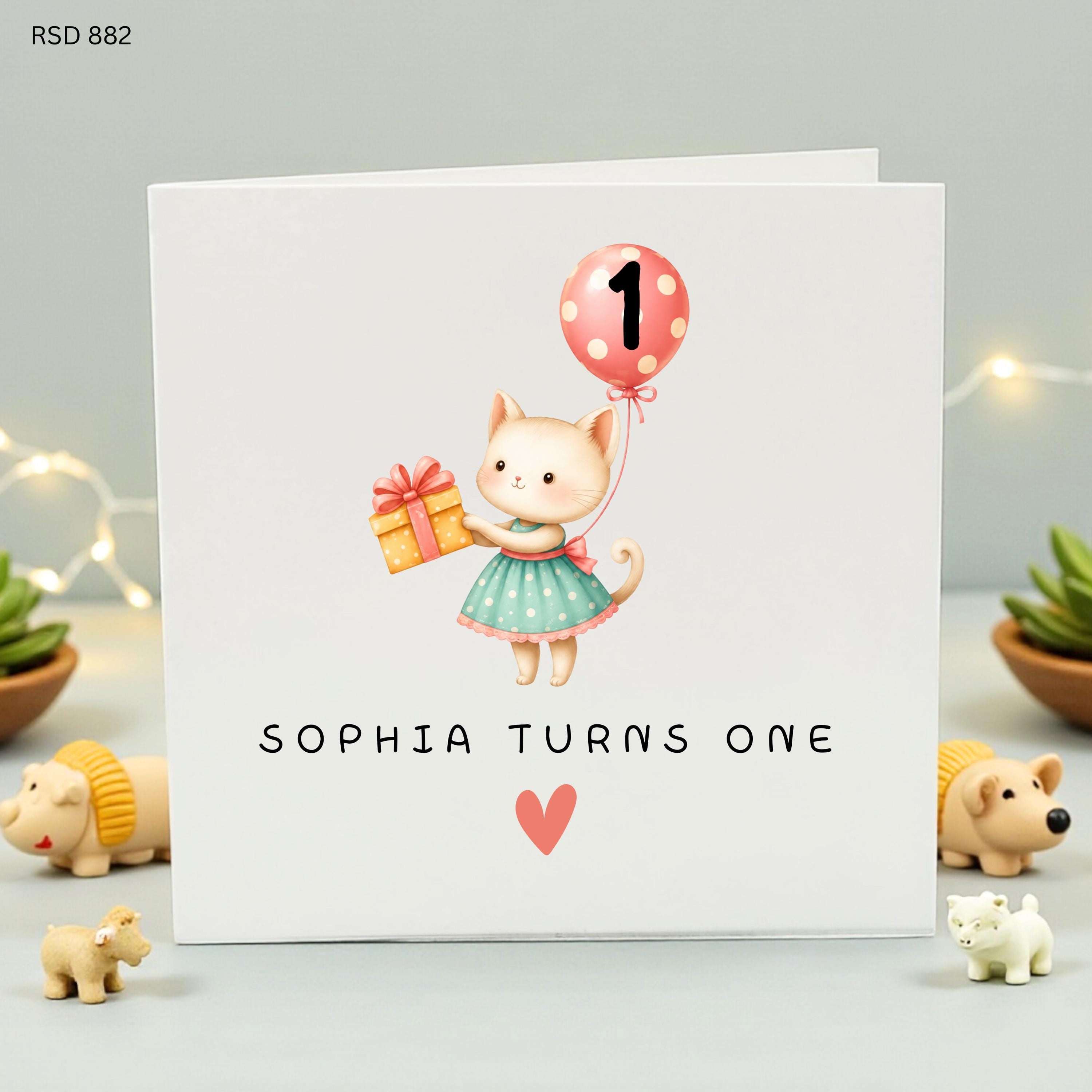 Personalized 1st Birthday Card for Girl, Turns One Custom Name Card, Cute Cat Kitten Theme for Daughter Granddaughter Niece 1 Today