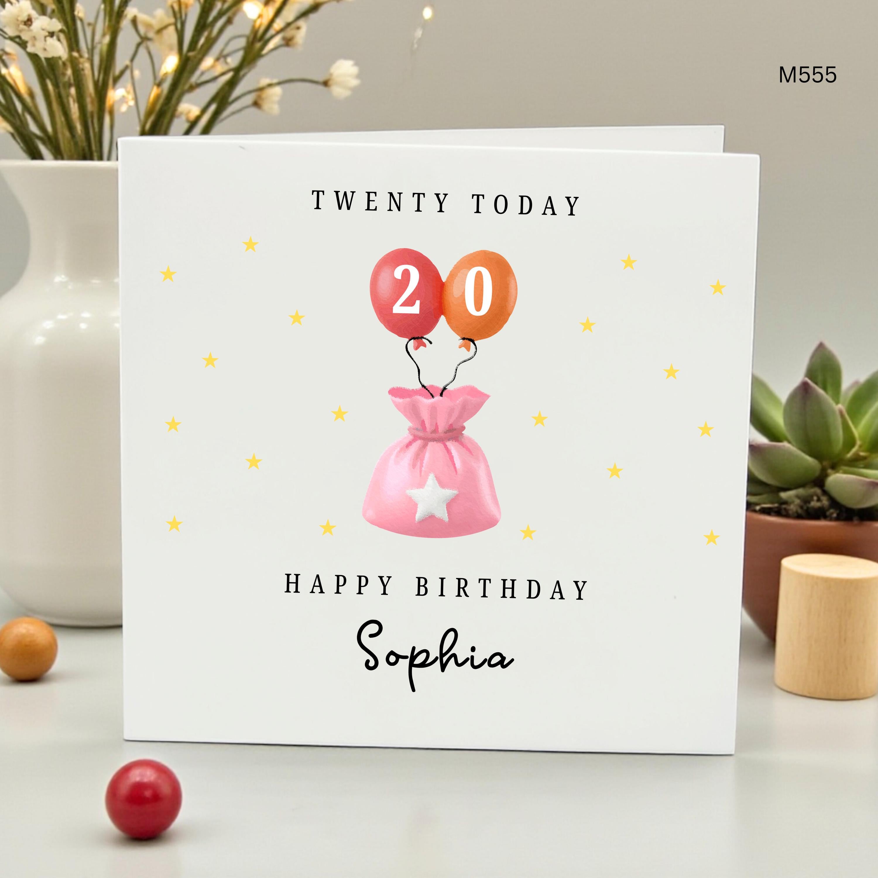 Personalized 20th Birthday Card for Daughter Sister Friend, Twenty Today Card with Custom Name, Happy Birthday 20 Pink Balloon Stars Gift