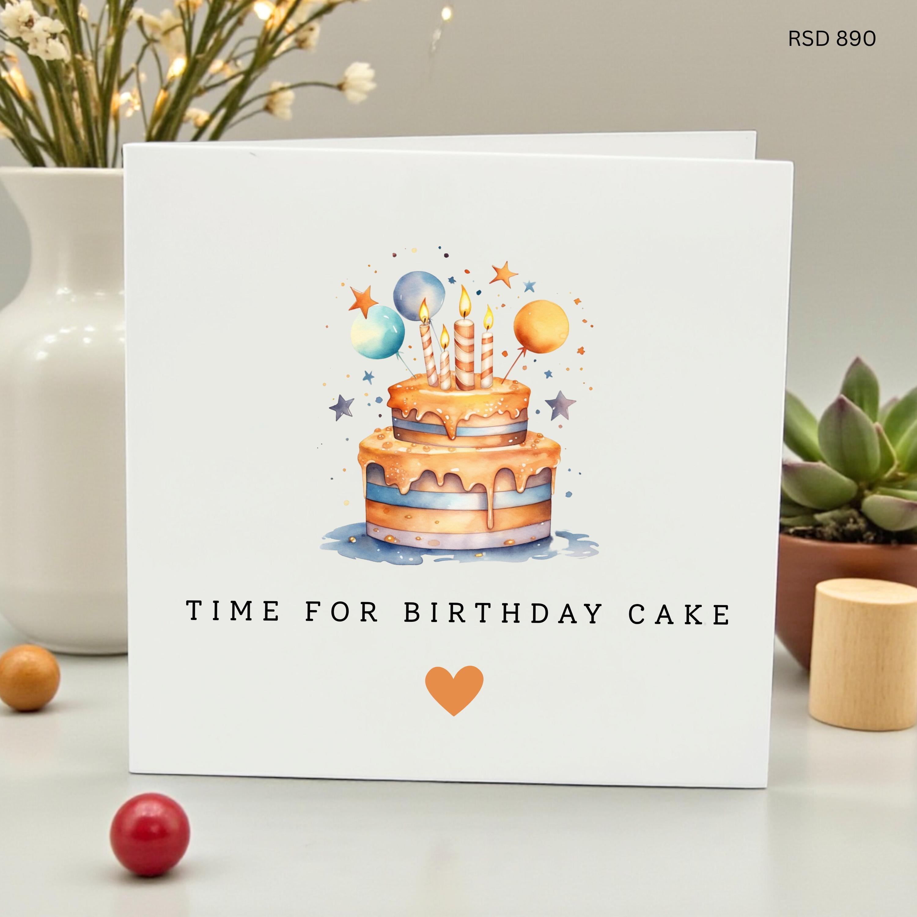 Cute Watercolor Birthday Cake Card, Time for Birthday Cake Greeting, Illustrated Whimsical Card for Kids or Adults, Simple Unisex Bday Gift