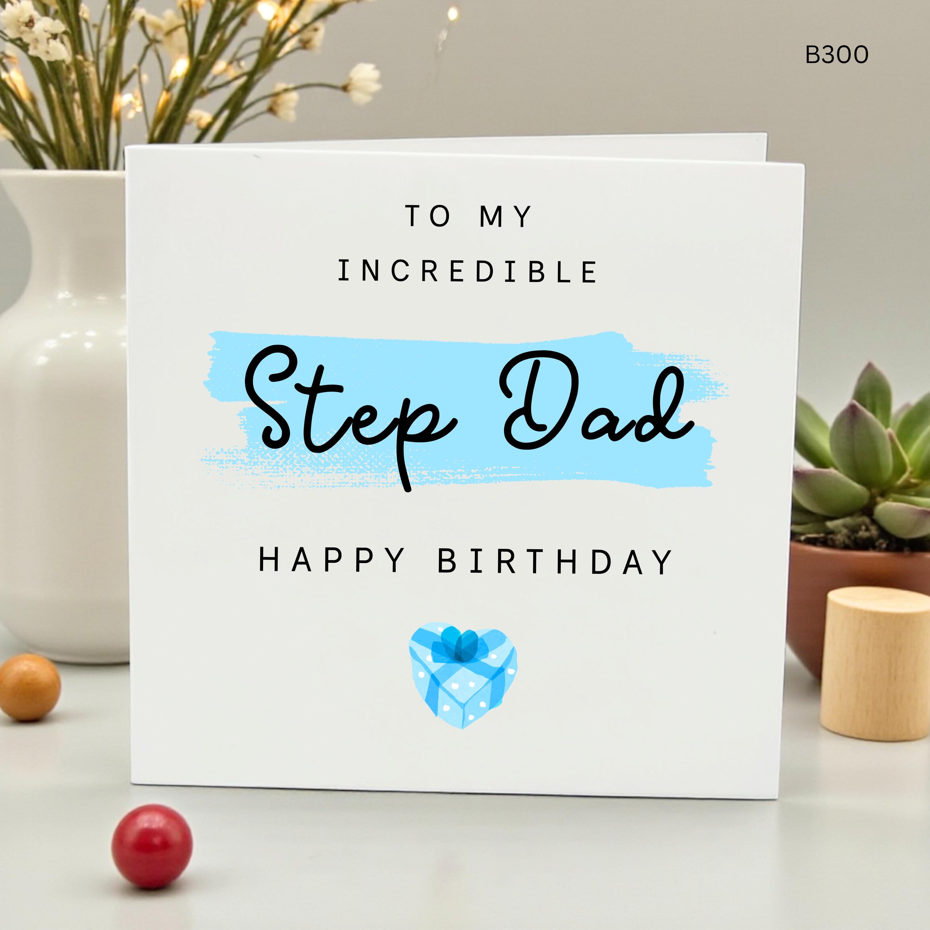 Incredible Step Dad Birthday Card, Personalized Stepdad Card, Bonus Dad Birthday Gift, Blue Watercolor Heart Card for Him, Happy Birthday