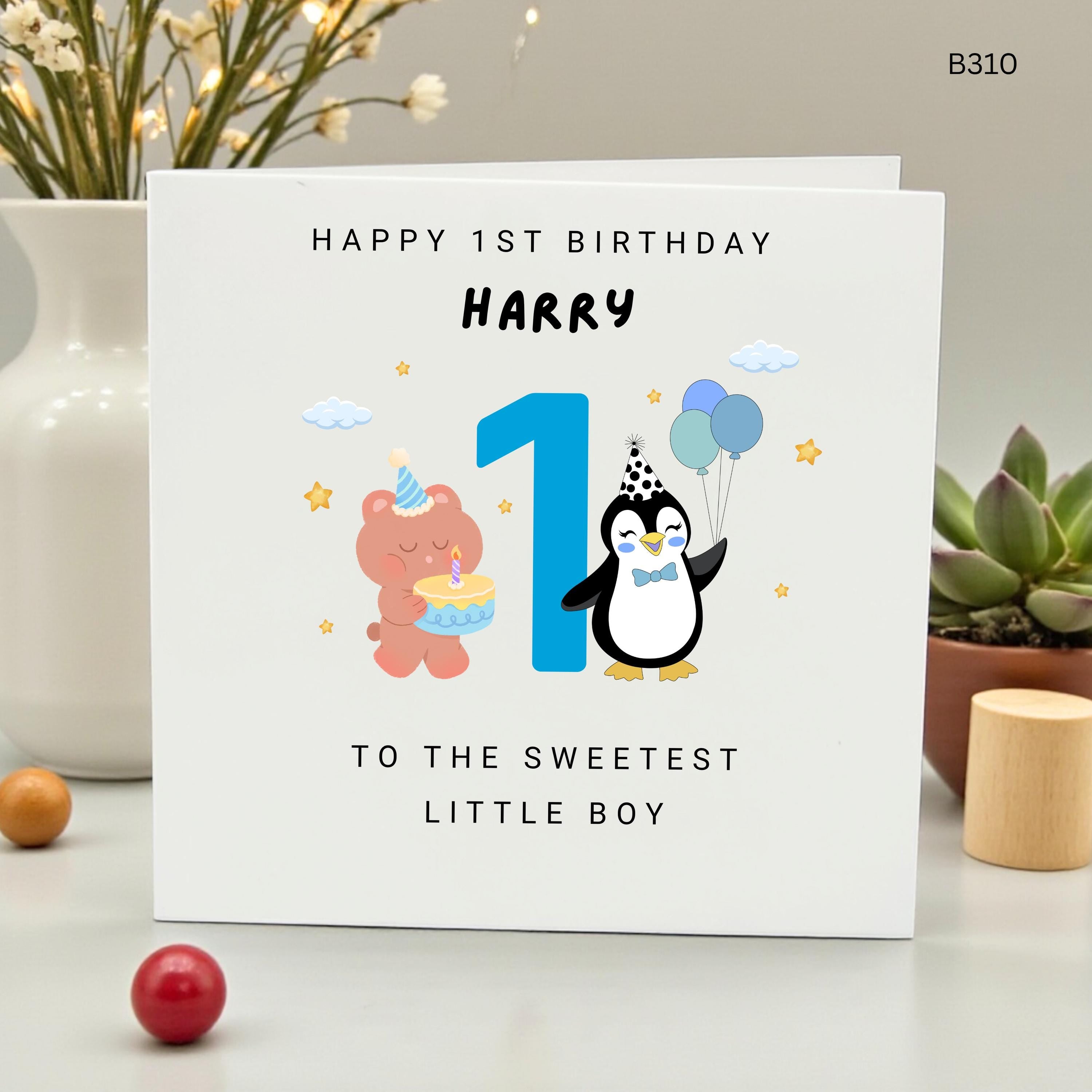 Personalized 1st Birthday Card for Boy, Cute Penguin and Bear First Birthday Card, Custom Name Age 1 Card for Son Grandson, Milestone