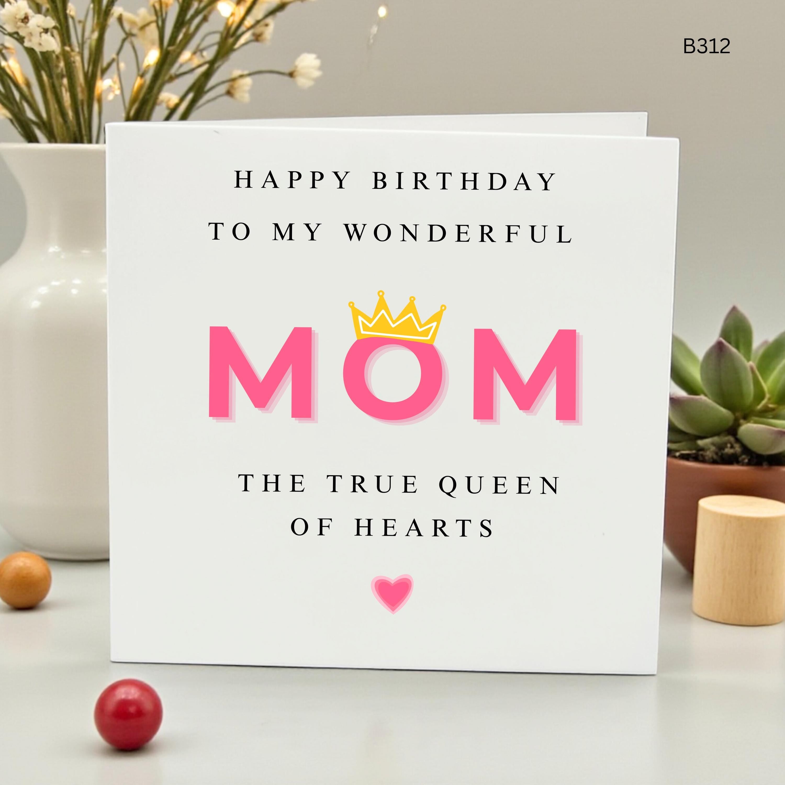Happy Birthday Mom Card, Queen of Hearts Birthday Card for Mother, Wonderful Mom Greeting Card, Pink Crown Mom Card, Cute Mother's Day Card