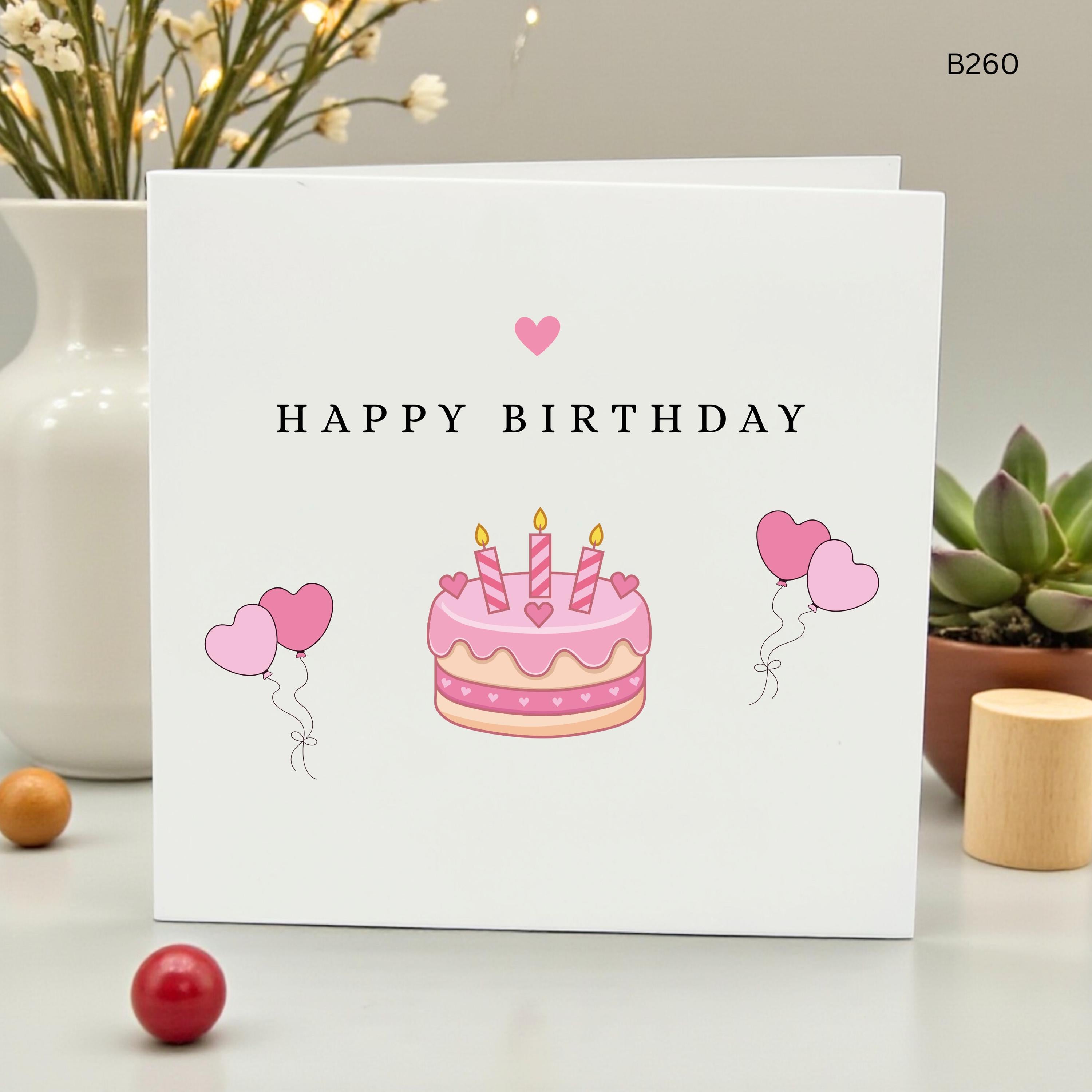 Happy Birthday Card for Her, Minimalist Cute Pink Cake Greeting Card with Heart Balloons, Simple Birthday Gift for Daughter or Girlfriend