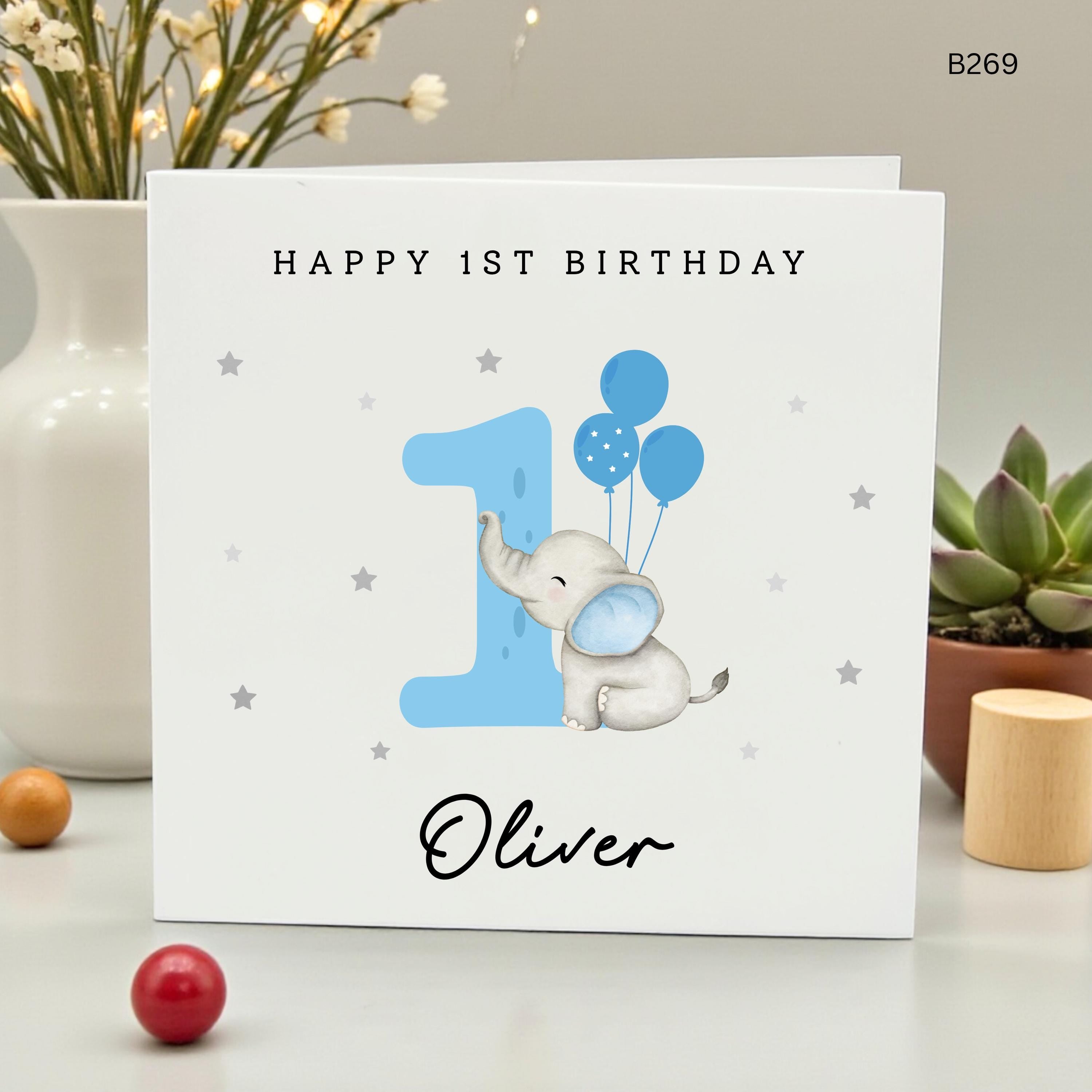 Personalized 1st Birthday Card for Boy, Custom Name Happy First Birthday Card, Cute Elephant with Balloons for Son, Grandson, Nephew, Age 1