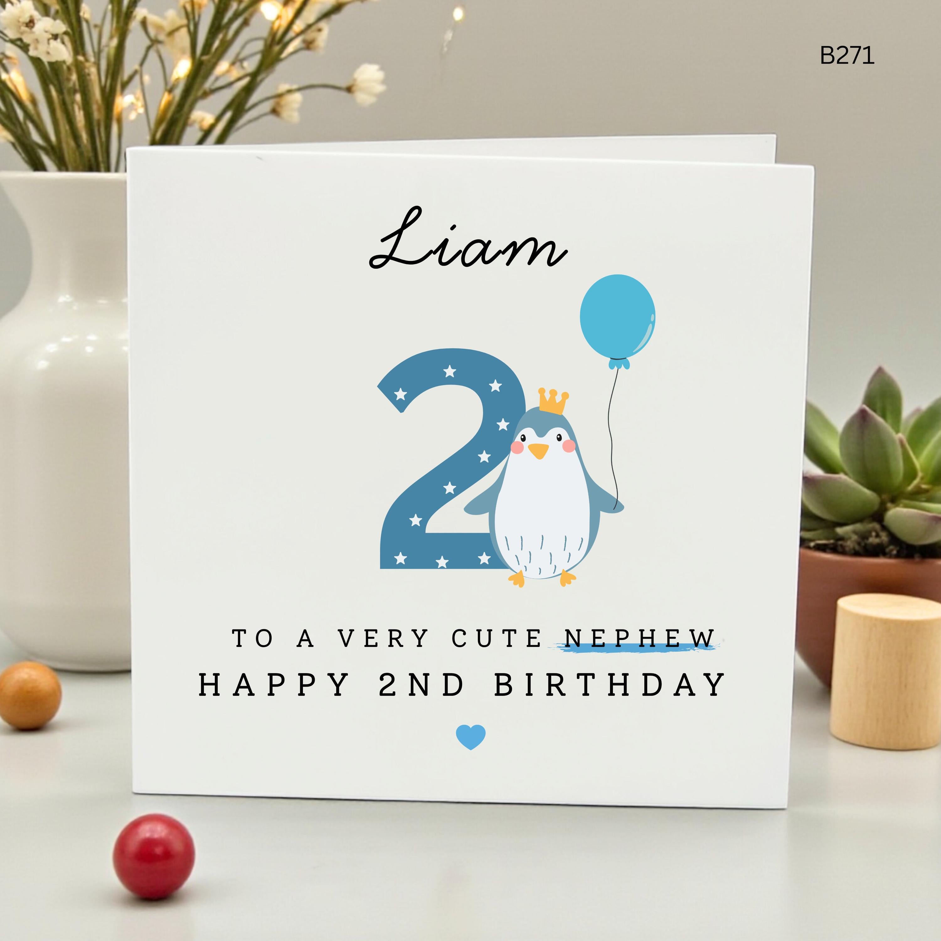 Personalized 2nd Birthday Card for Nephew, Custom Name Happy Second Birthday, Cute Penguin with Balloon for Son, Grandson, Toddler Boy, Blue