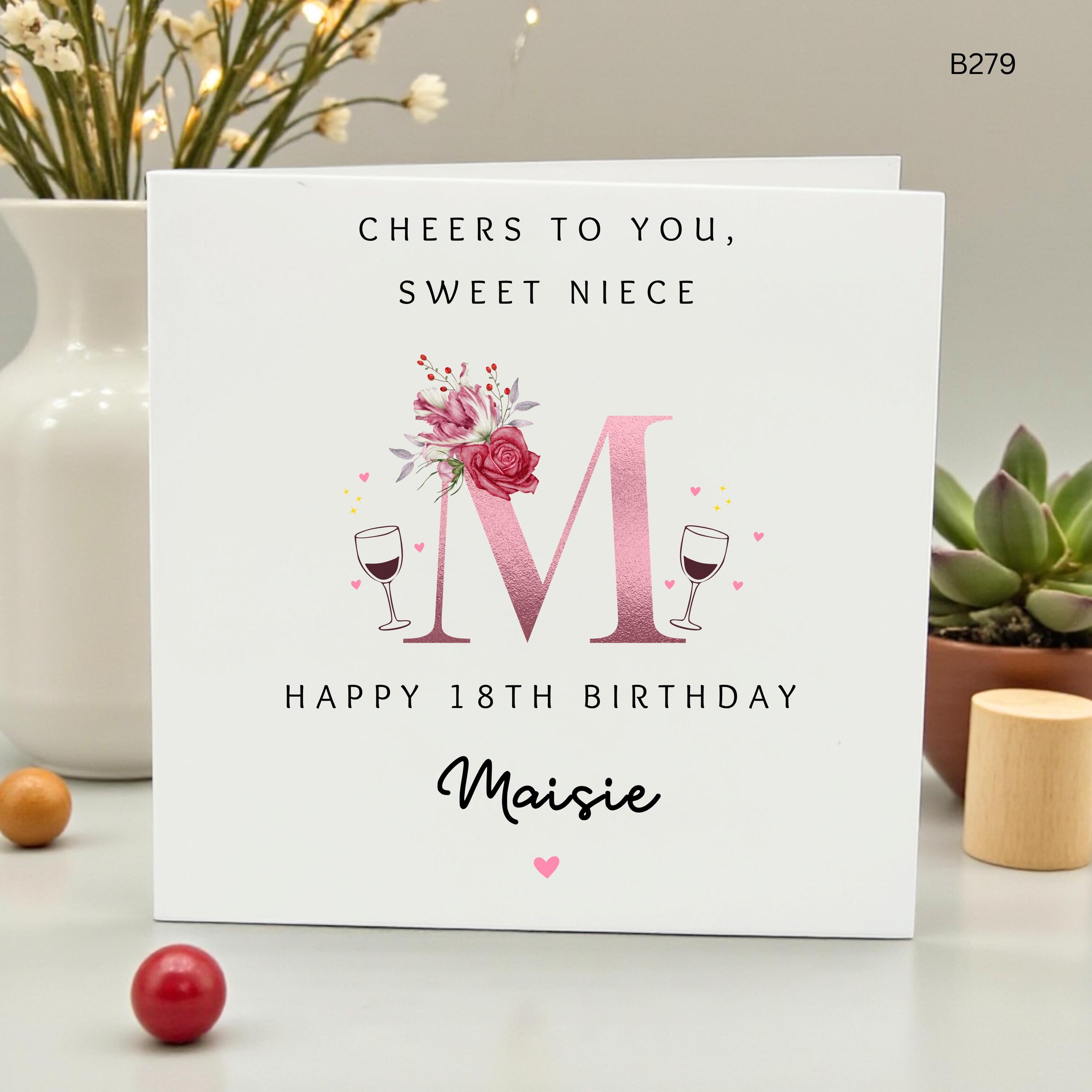 Personalized 18th Birthday Card for Niece, Custom Name and Monogram Initial Card for Her, Elegant Floral Eighteenth Birthday Card, Maisie