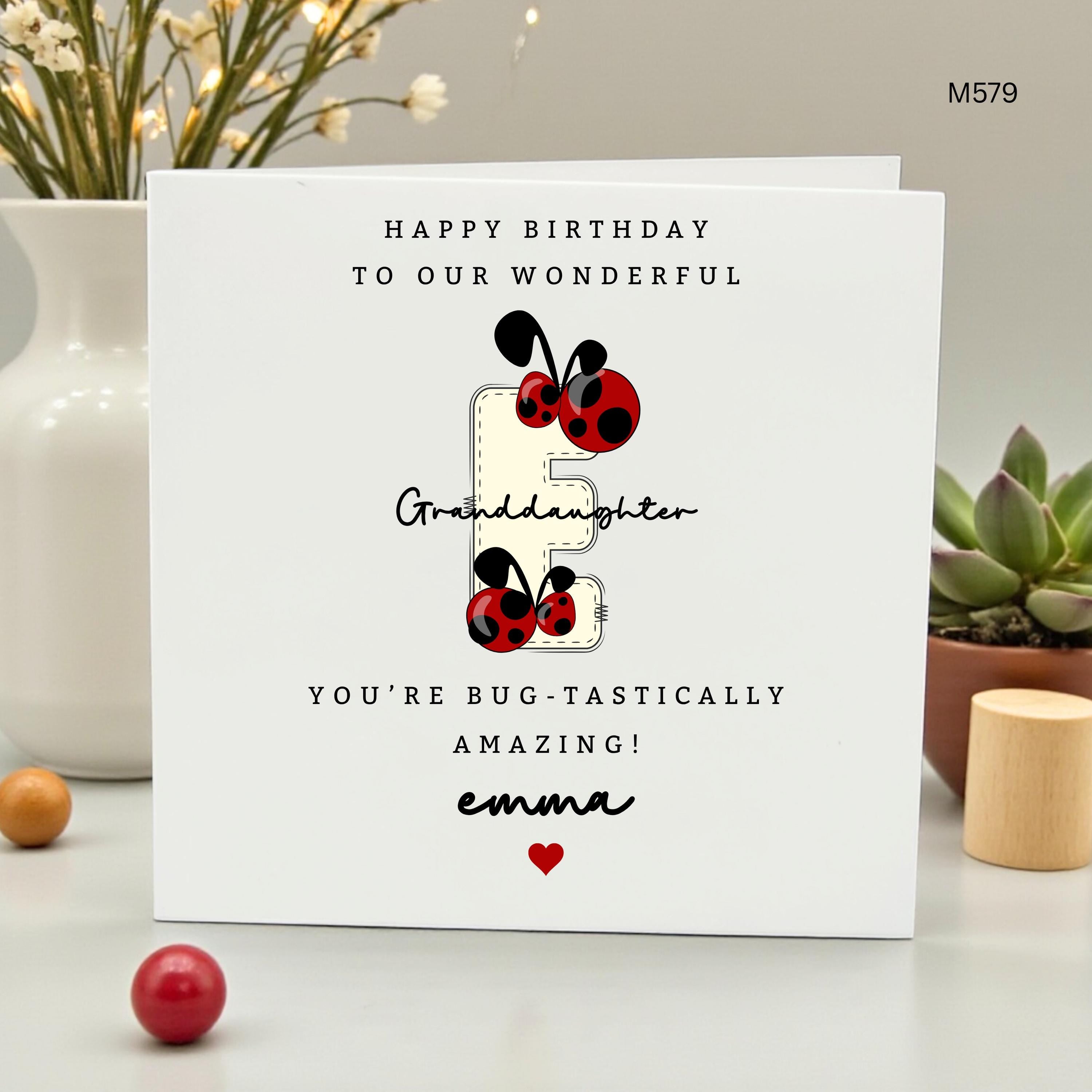 Personalized Granddaughter Birthday Card, Ladybug Initial E Birthday Card, Custom Name Bug Themed Card, Cute Emma Card for Granddaughter