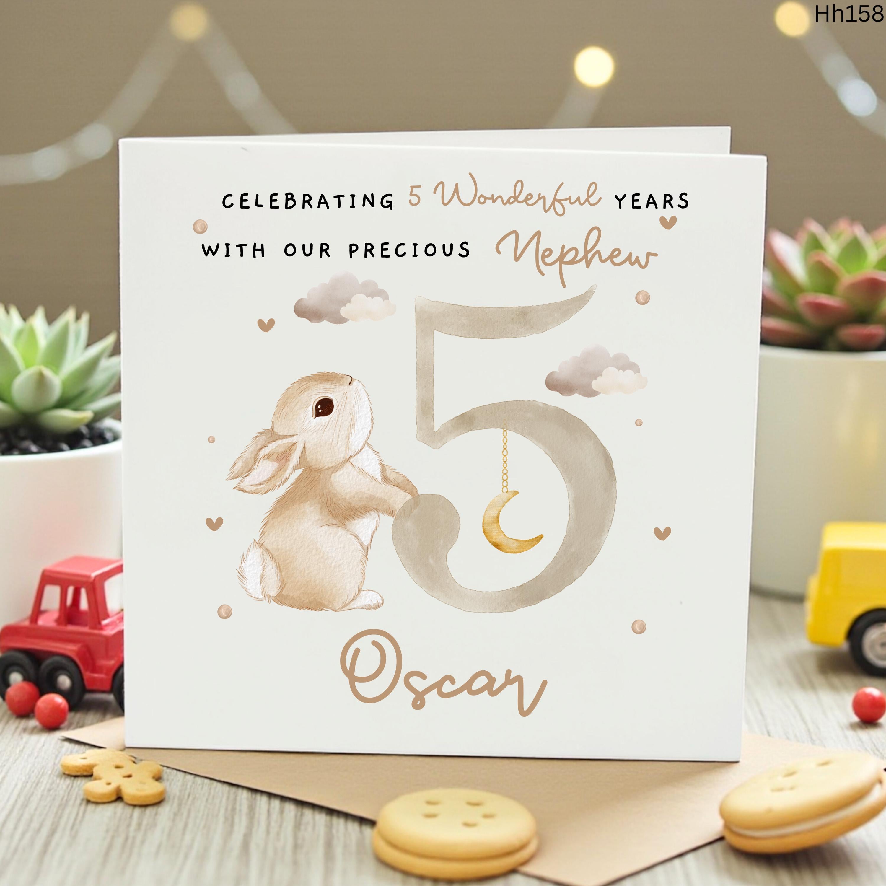 Personalized 5th Birthday Card Nephew, Custom Age 5 Bunny Birthday Card, Cute Watercolor Rabbit Card for Boy, Fifth Birthday Card Son