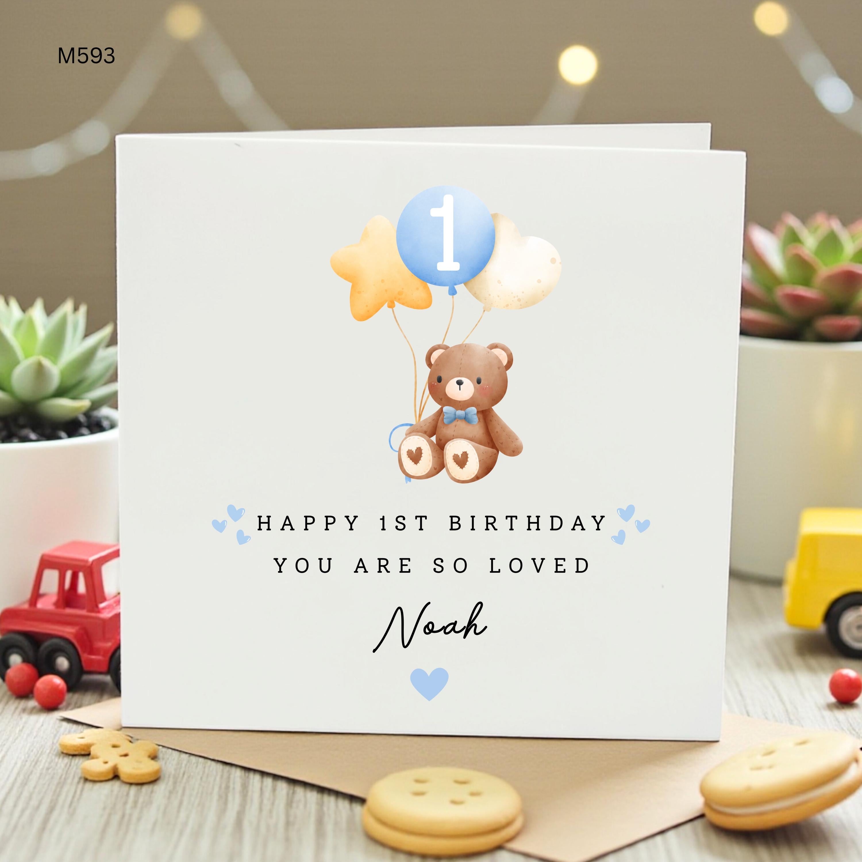 Personalized 1st Birthday Card for Boy Noah, Custom First Birthday Card Teddy Bear, Cute Blue Greeting Card One Year Old, You Are So Loved