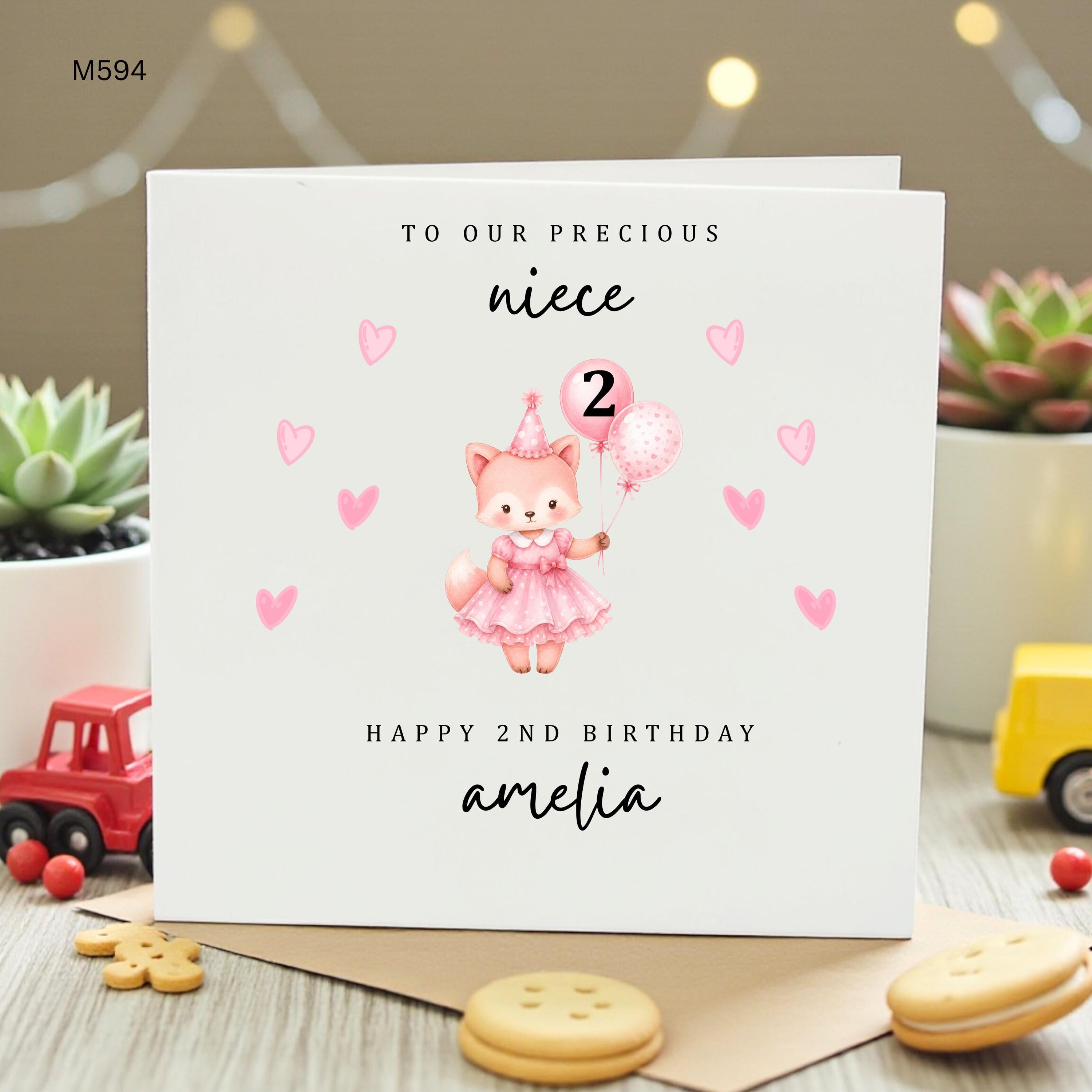 Personalized 2nd Birthday Card for Niece Amelia, Custom Second Birthday Card Cute Pink Fox, Girls Greeting Card Two Year Old, Precious Gift