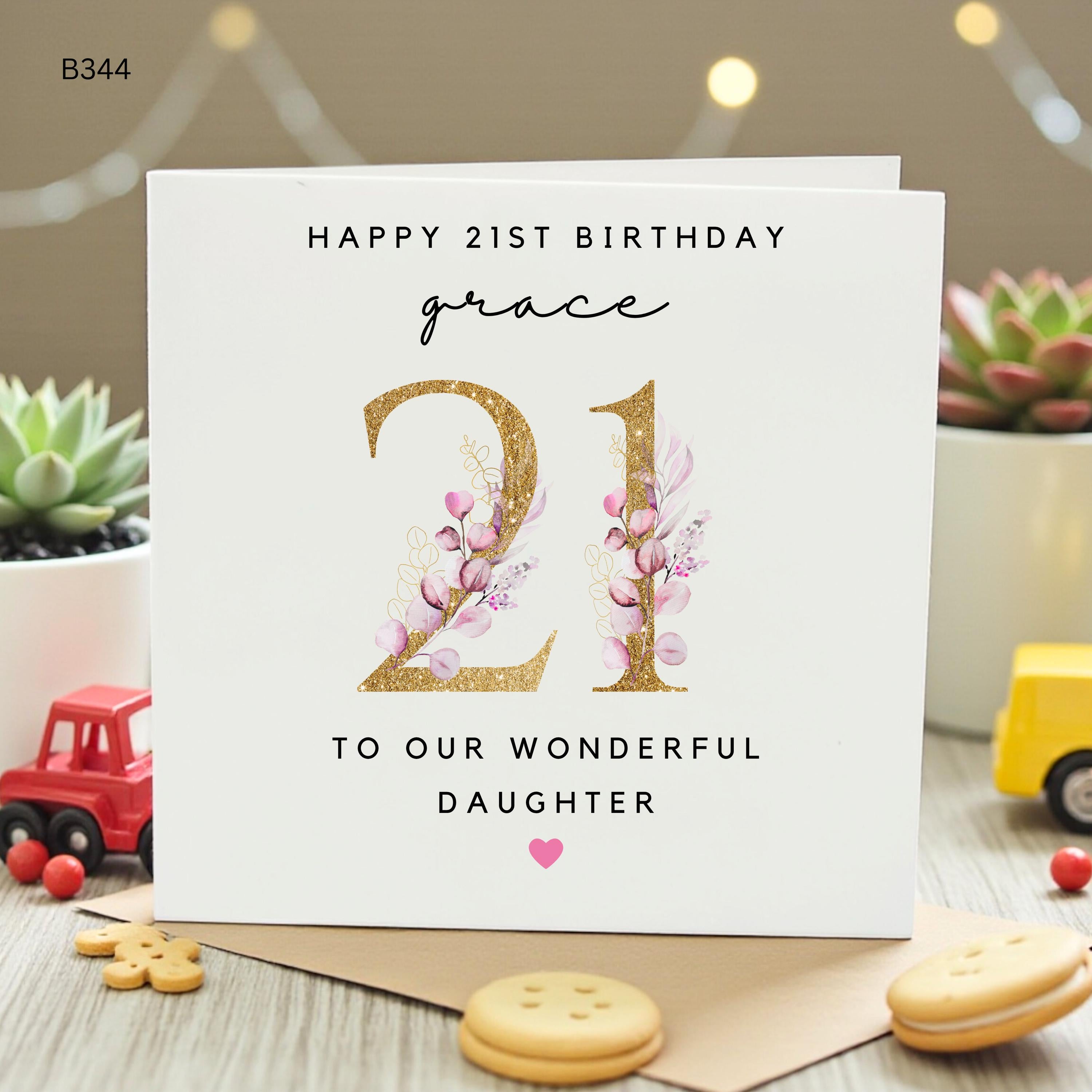 Personalised Happy 21st Birthday Card to Our Wonderful Daughter, Custom Name Floral Gold Glitter Milestone 21 Birthday Card for Her