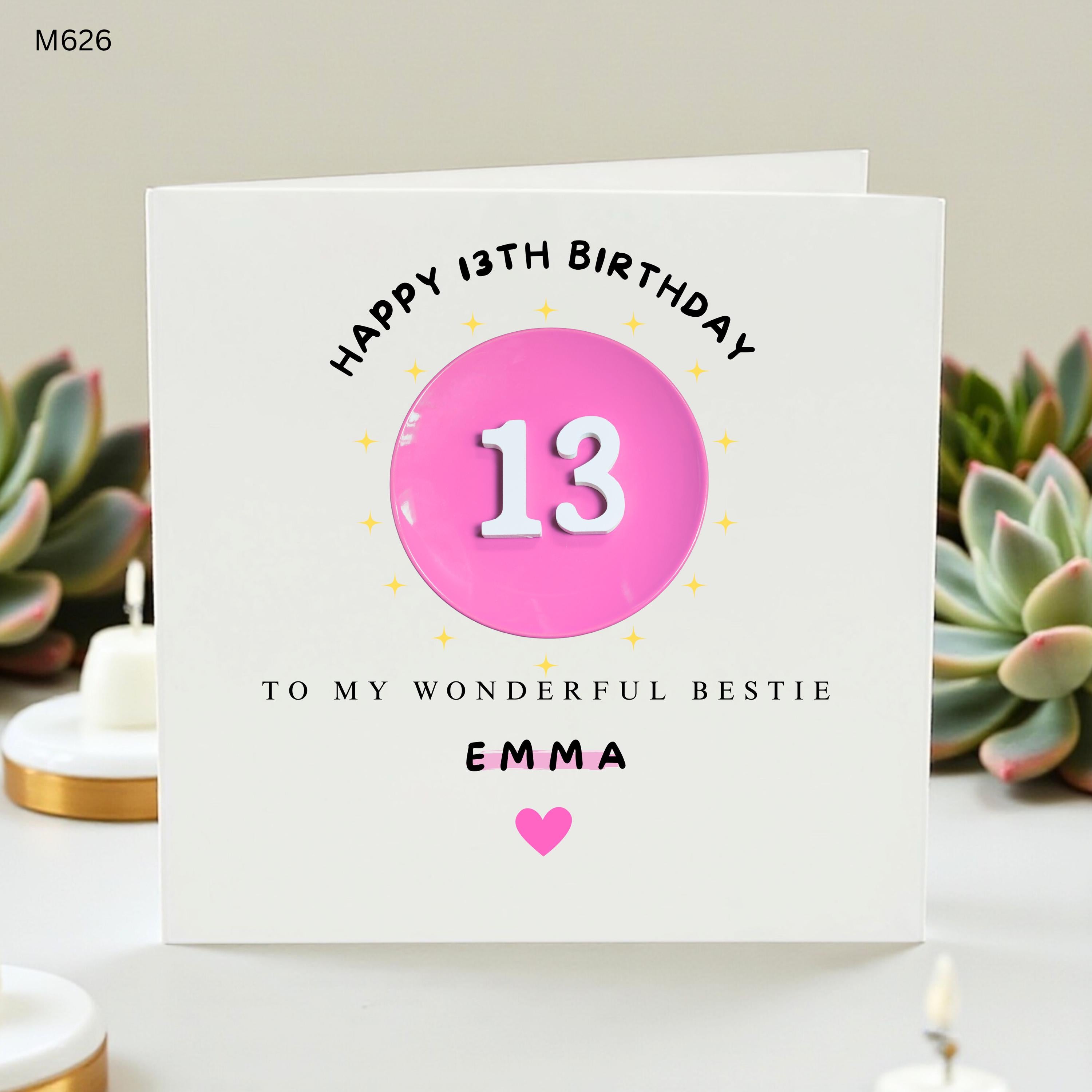 Personalized 13th Birthday Card for Bestie Custom Name Emma 13 Birthday Card Official Teenager Greeting Card Cute Pink Card for Her