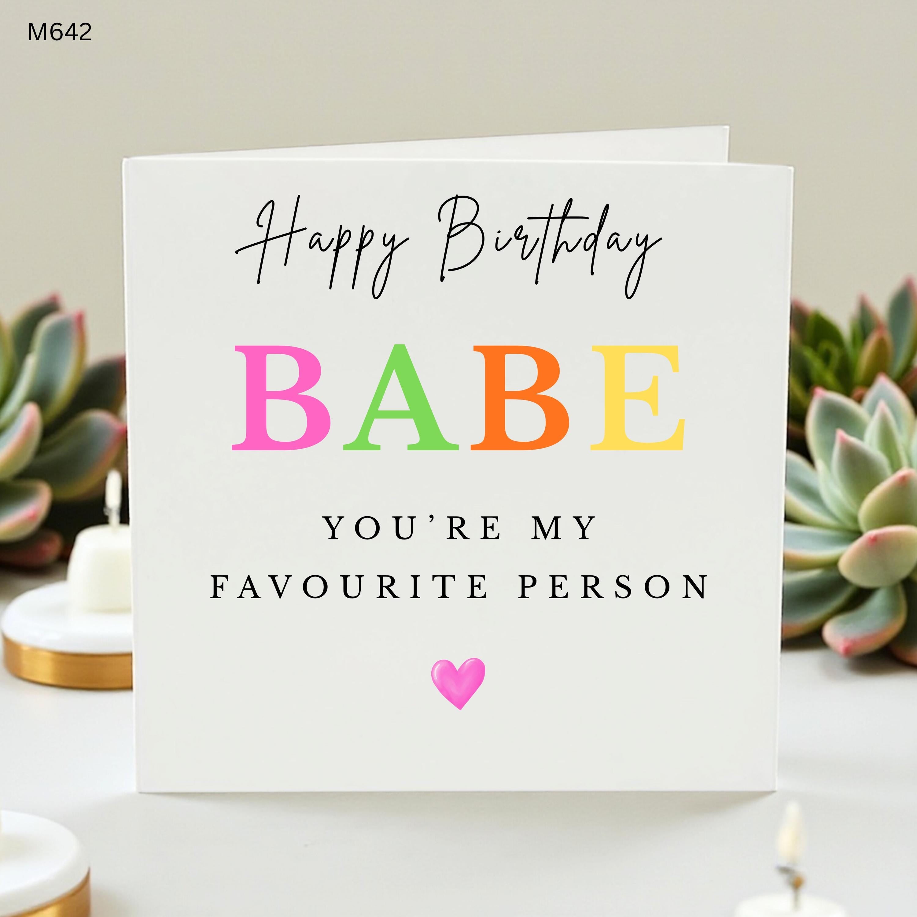 Happy Birthday Babe Card, Favourite Person Greeting Card for Girlfriend, Colorful Neon Text Card for Boyfriend, Cute Romantic Cards