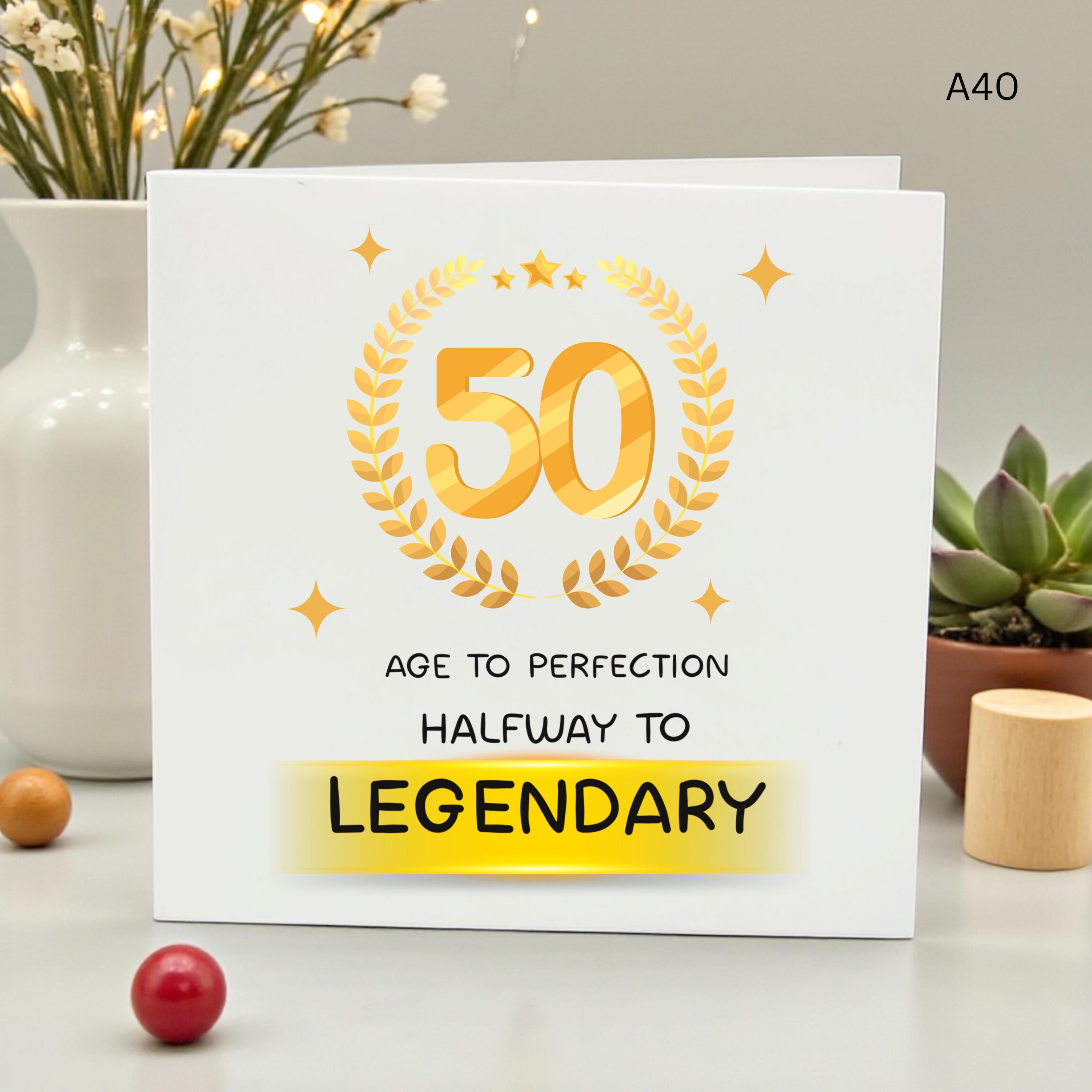 Funny 50th Birthday Card, Age to Perfection Halfway to Legendary, Golden 50 Birthday Gift for Him Her, Happy Fiftieth Greeting Card