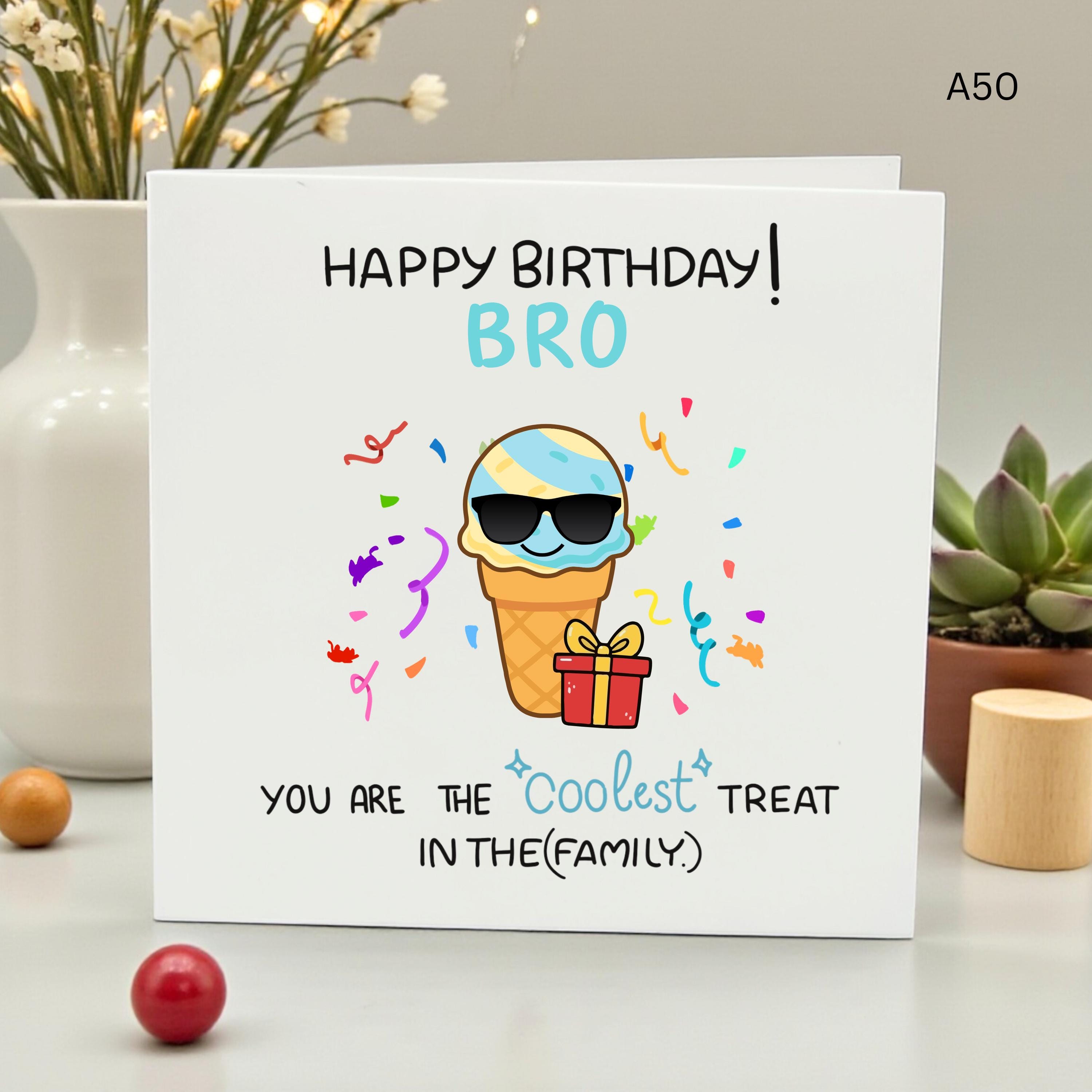 Funny Brother Birthday Card, Cute Bro Birthday Gift, Coolest Brother Greeting Card, Ice Cream Pun Card for Him, Siblings Birthday Card