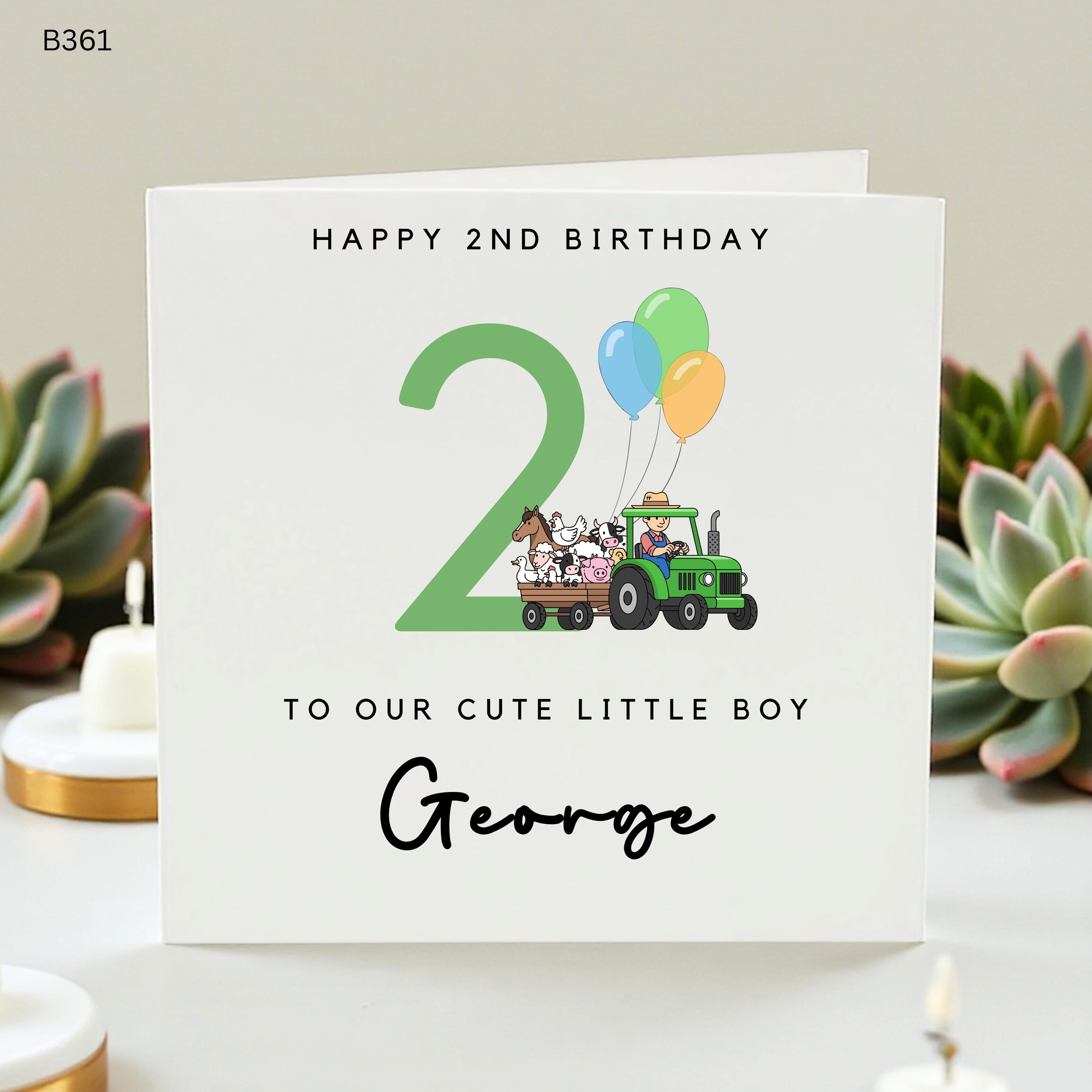 Personalized 2nd Birthday Card Boy Custom Second Birthday Cards Grandson Son Cute Green Tractor Farm Animals Balloons Card