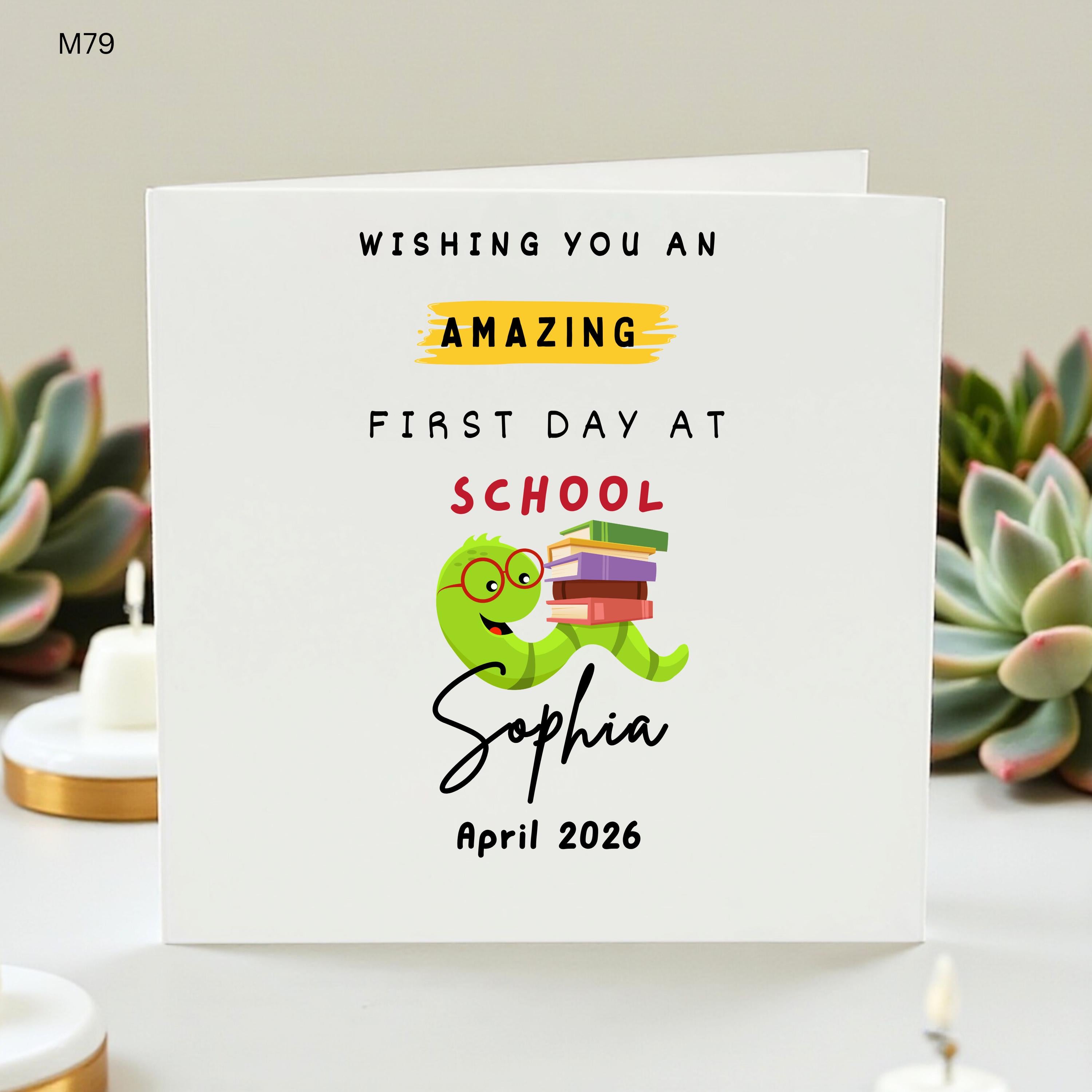 Personalised First Day At School Card, Cute Book Worm Good Luck Card, Back To School Card For Child Girl Boy, First Day Card
